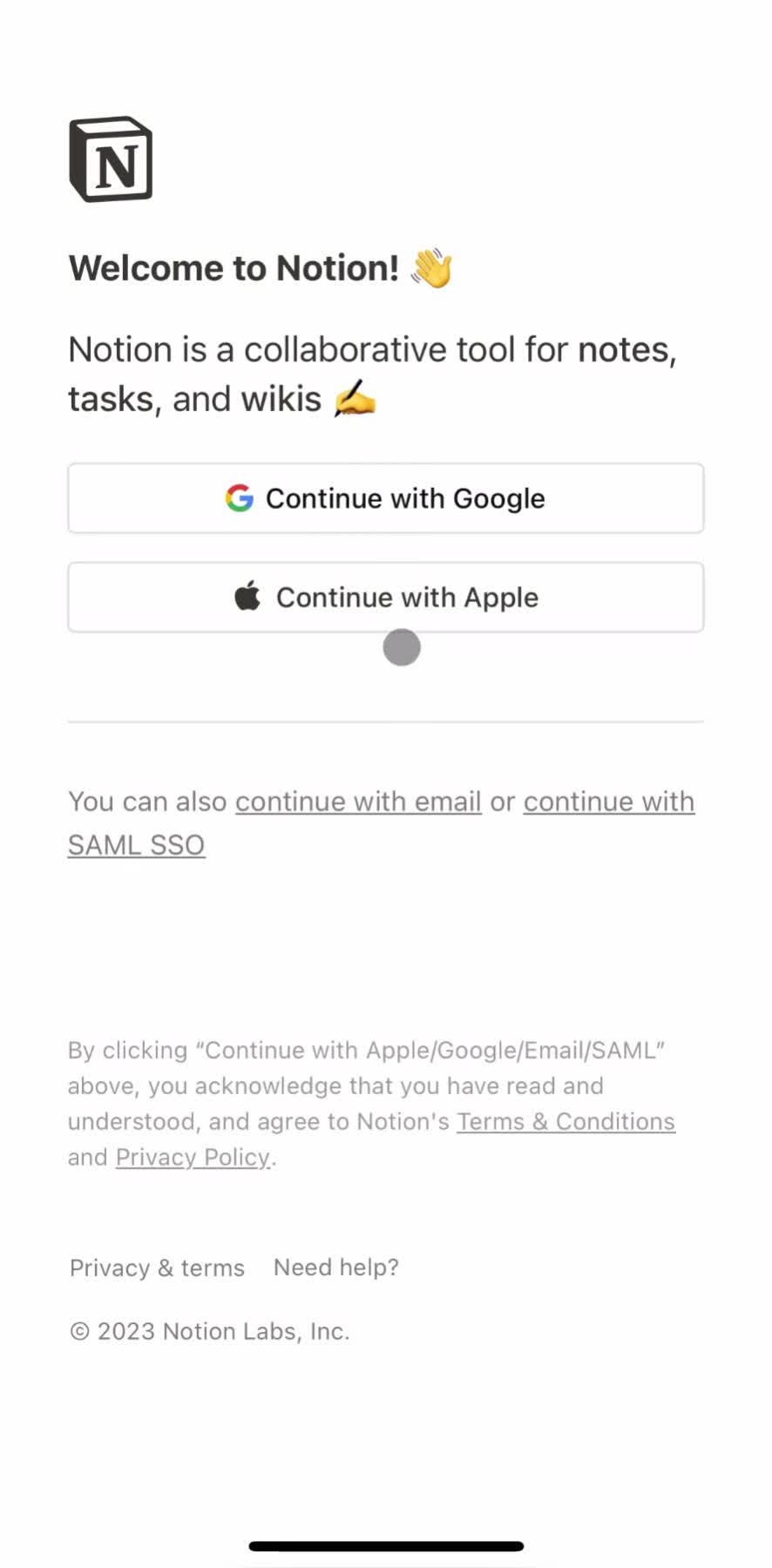 Notion Sign up screen in the Onboarding flow
