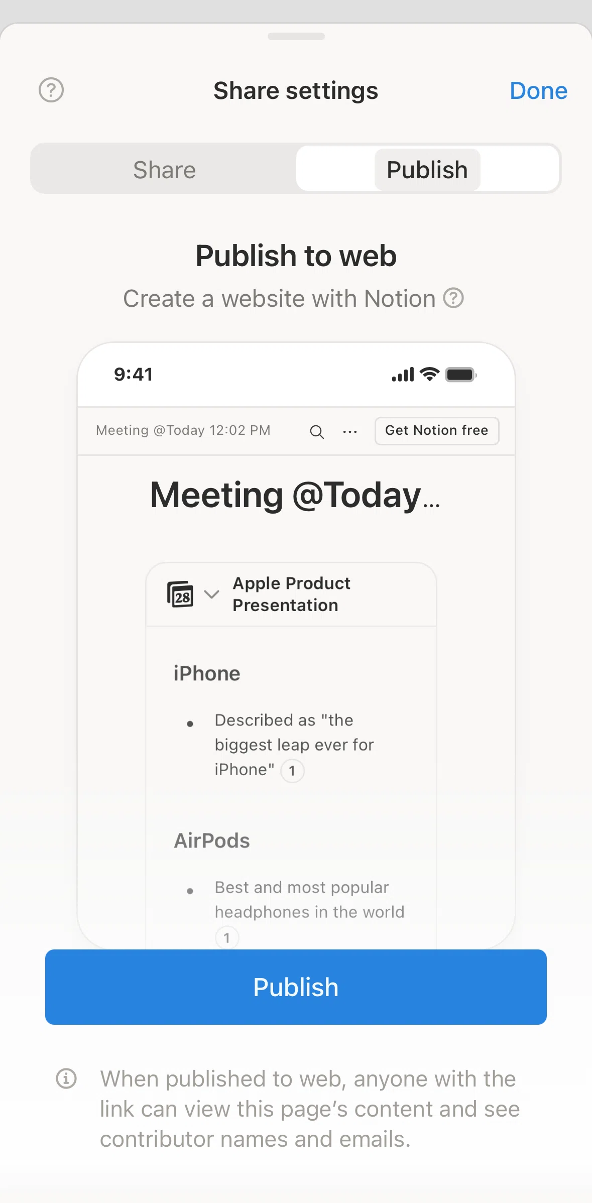 Notion Screen screen in the Publishing to web flow