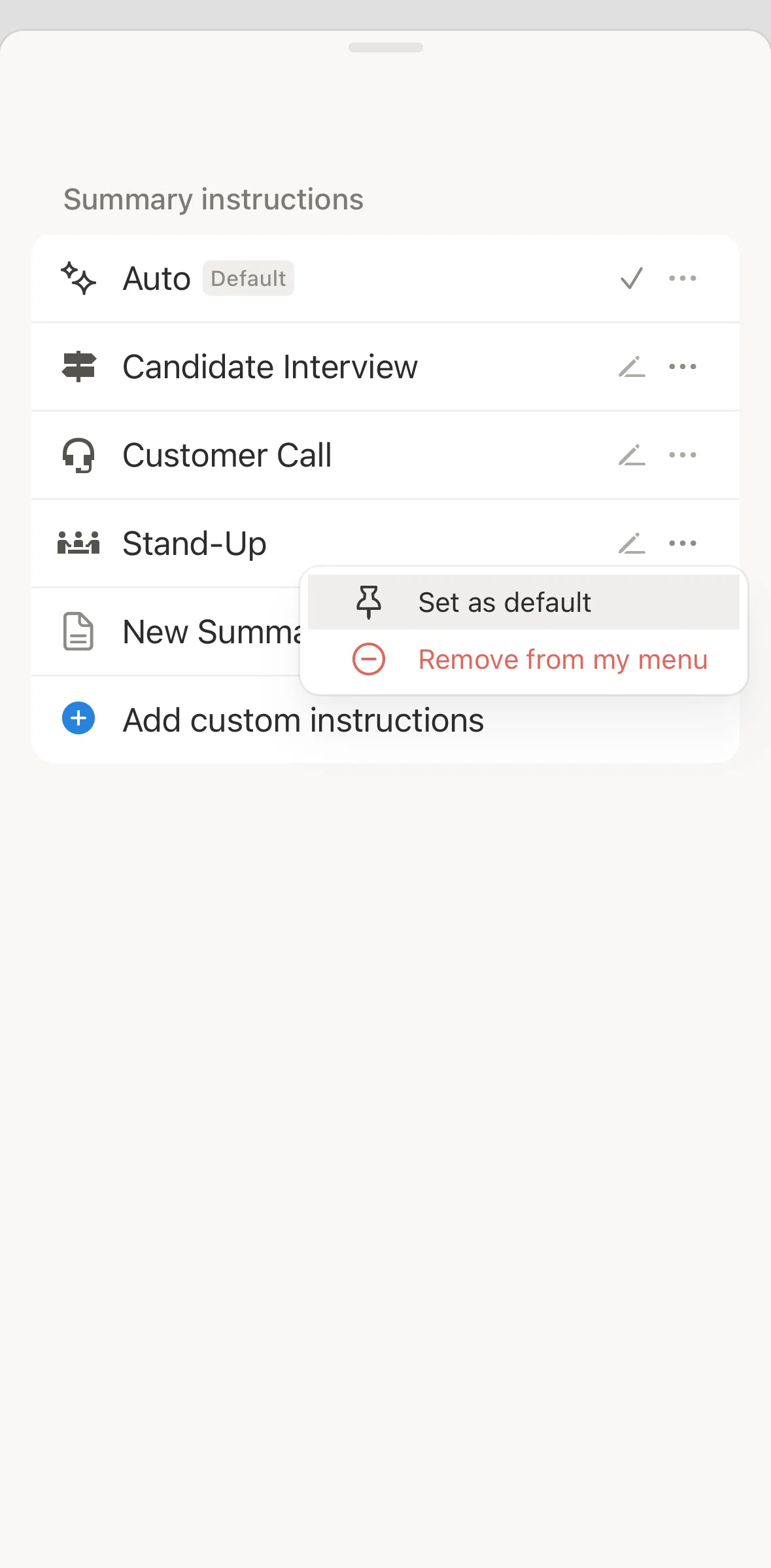 Notion Screen screen in the Removing a summary instruction flow