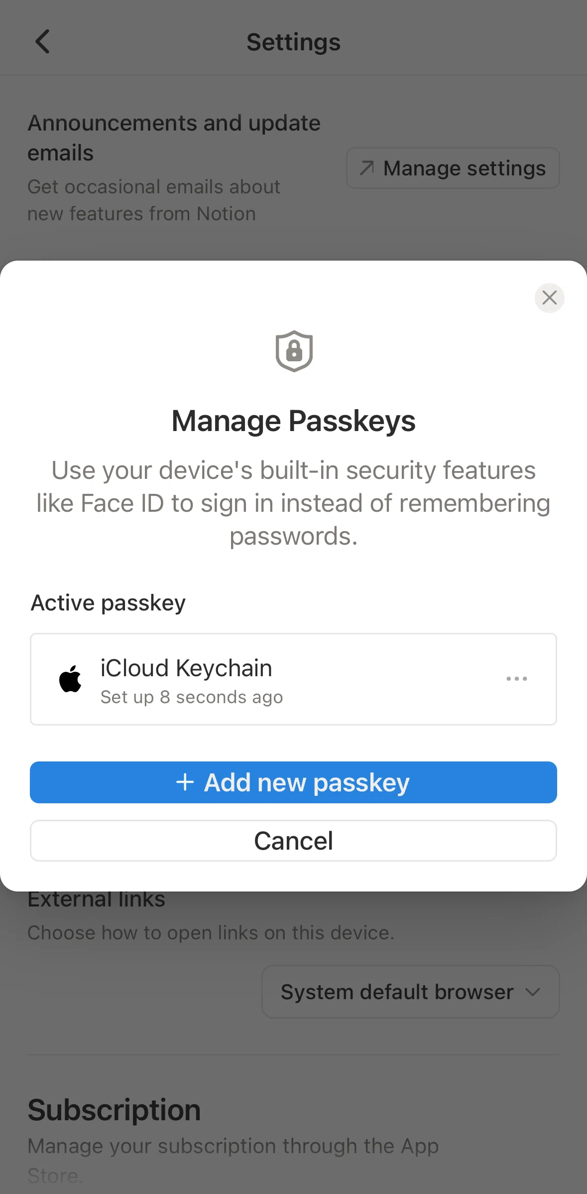 Notion Screen screen in the Renaming a passkey flow