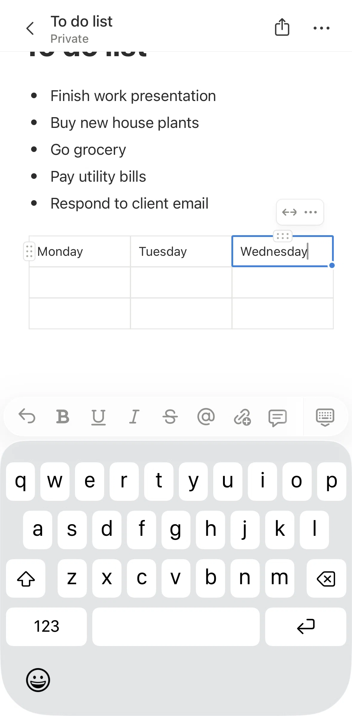 Notion Screen screen in the Reordering a table flow