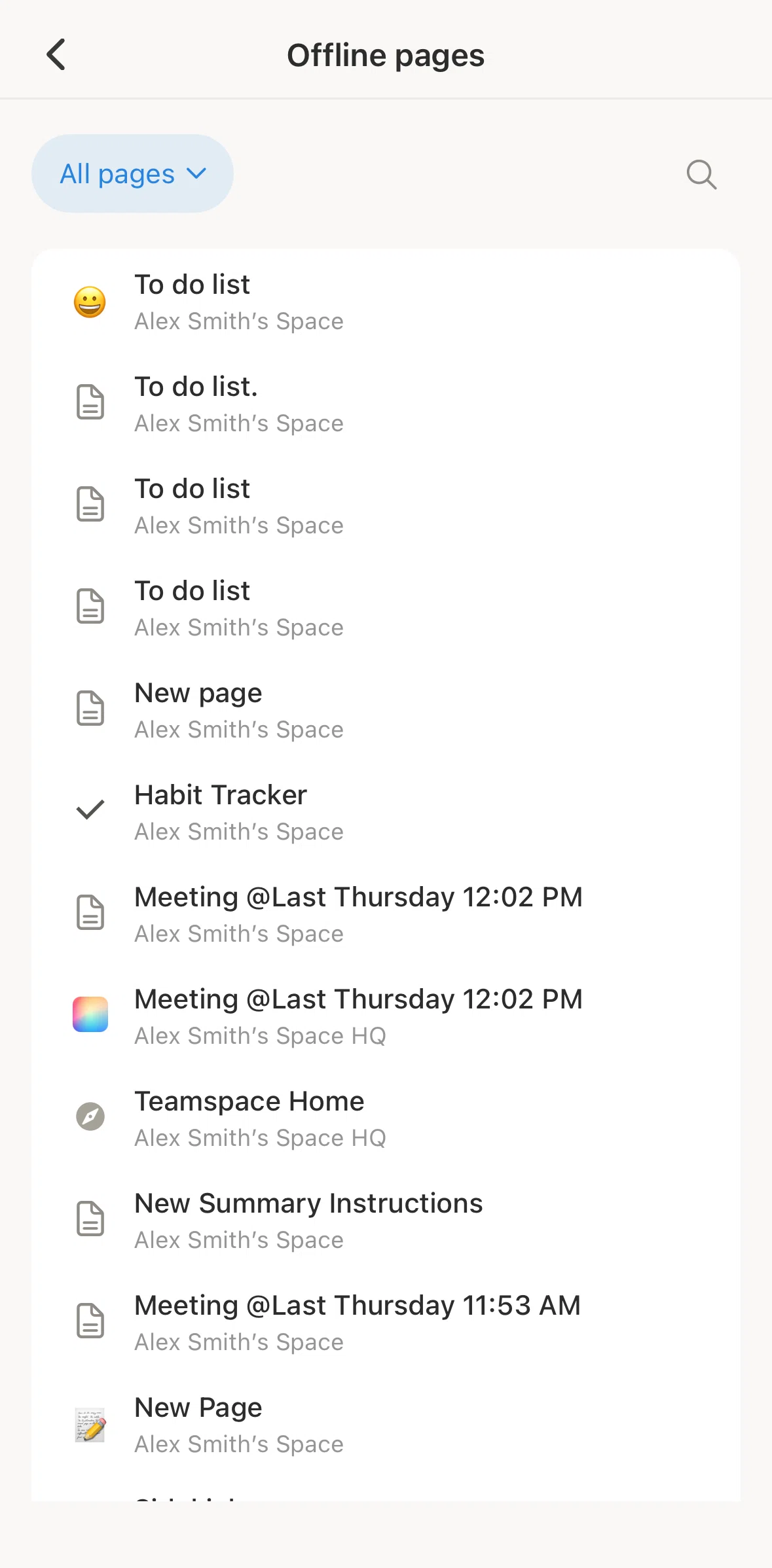 Notion Screen screen in the Searching offline pages flow