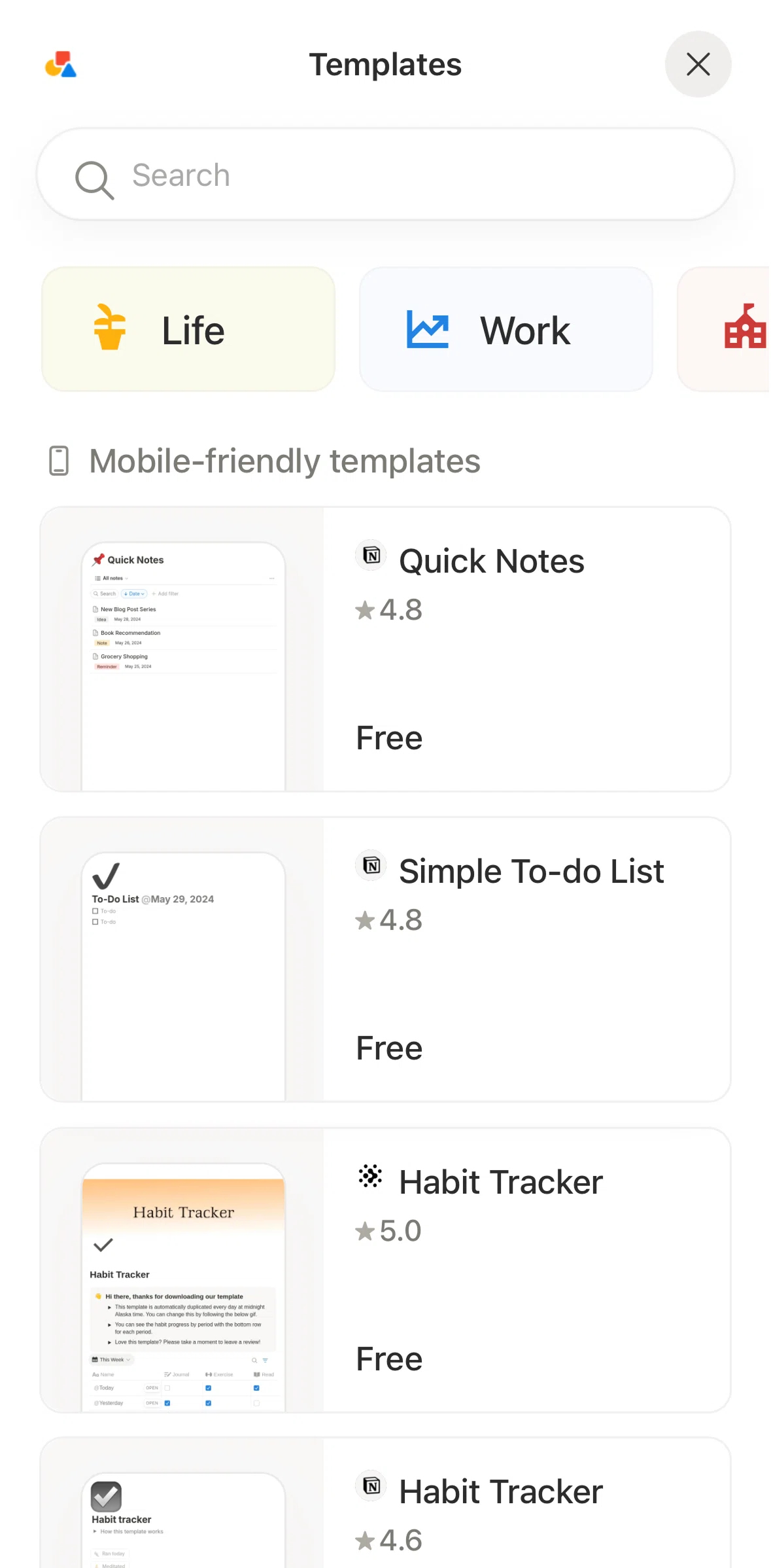 Notion Screen screen in the Searching templates flow