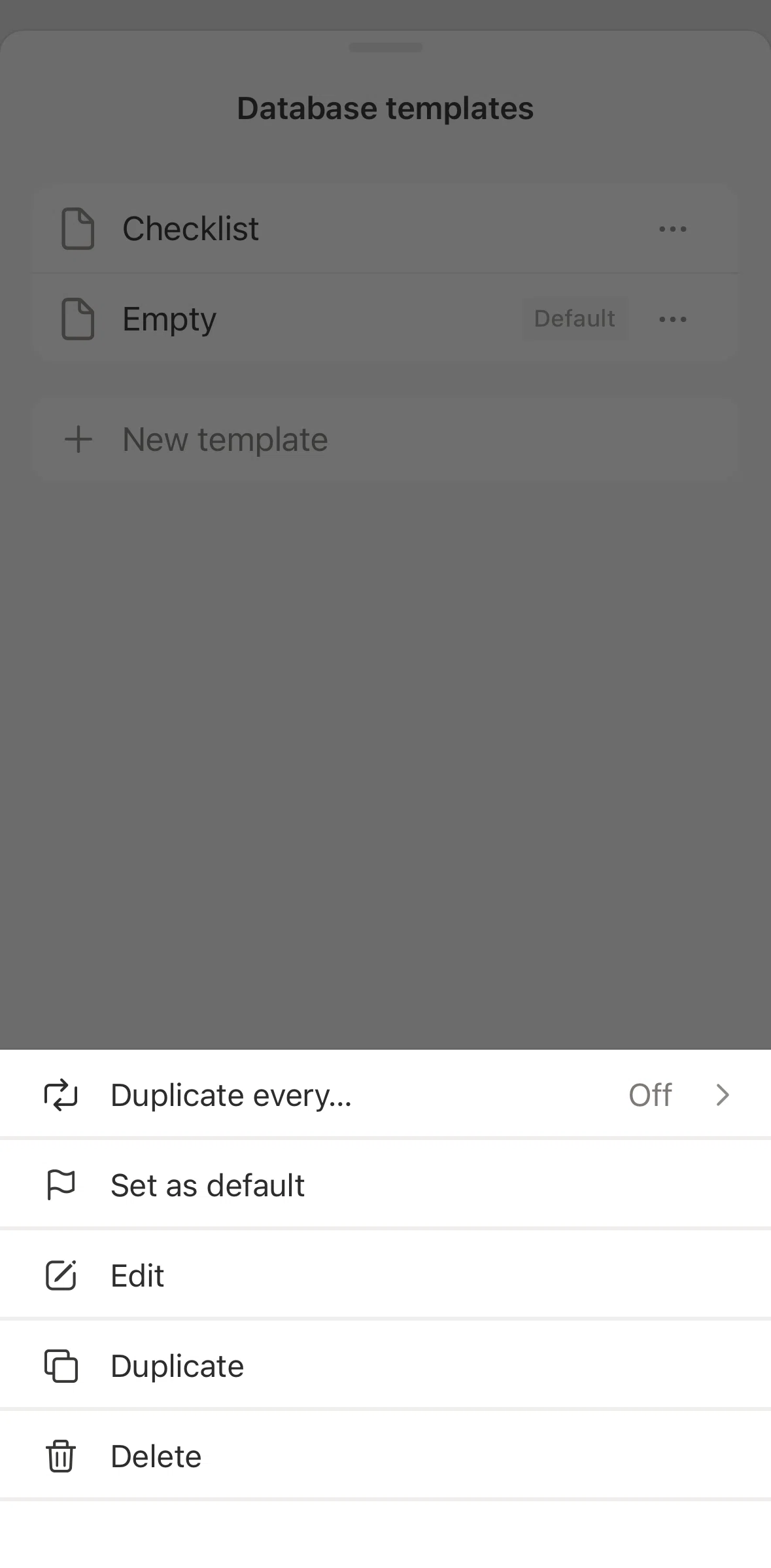 Notion Screen screen in the Setting a template as default flow