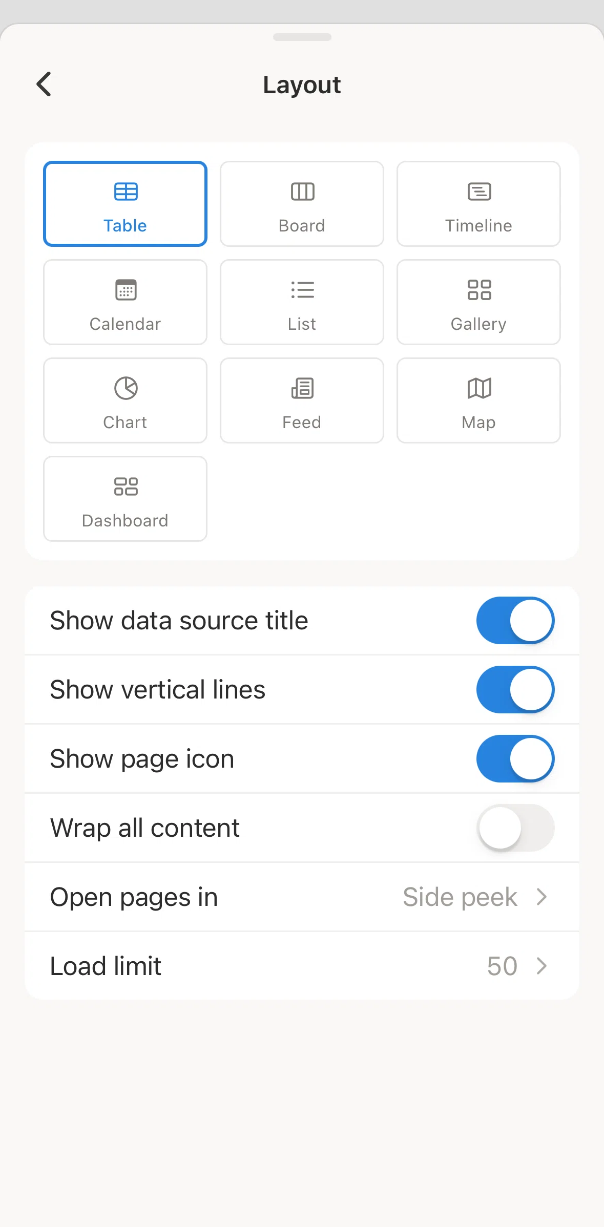 Notion Screen screen in the Switching to database layout flow