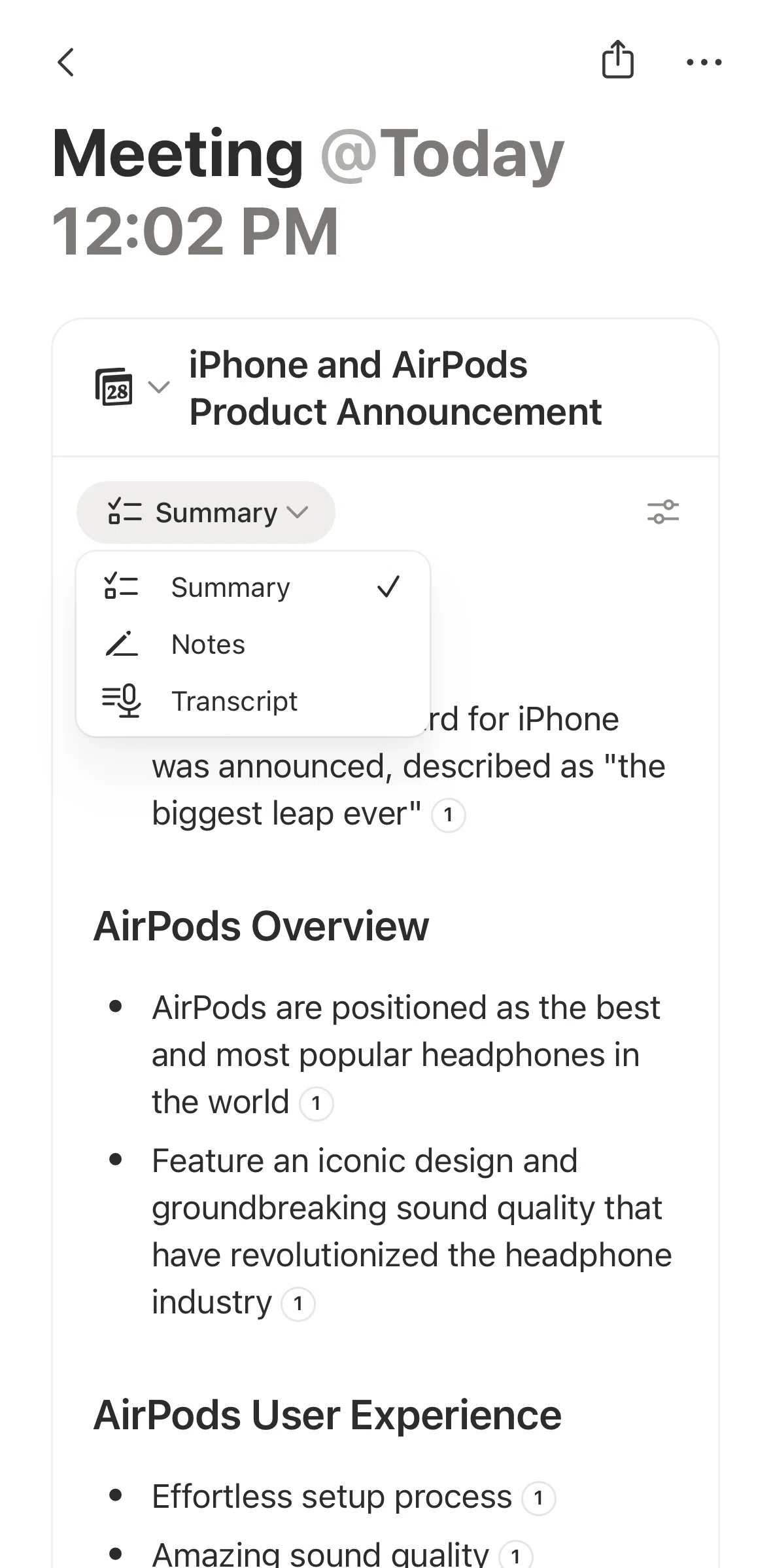 Notion Screen screen in the Transcript flow