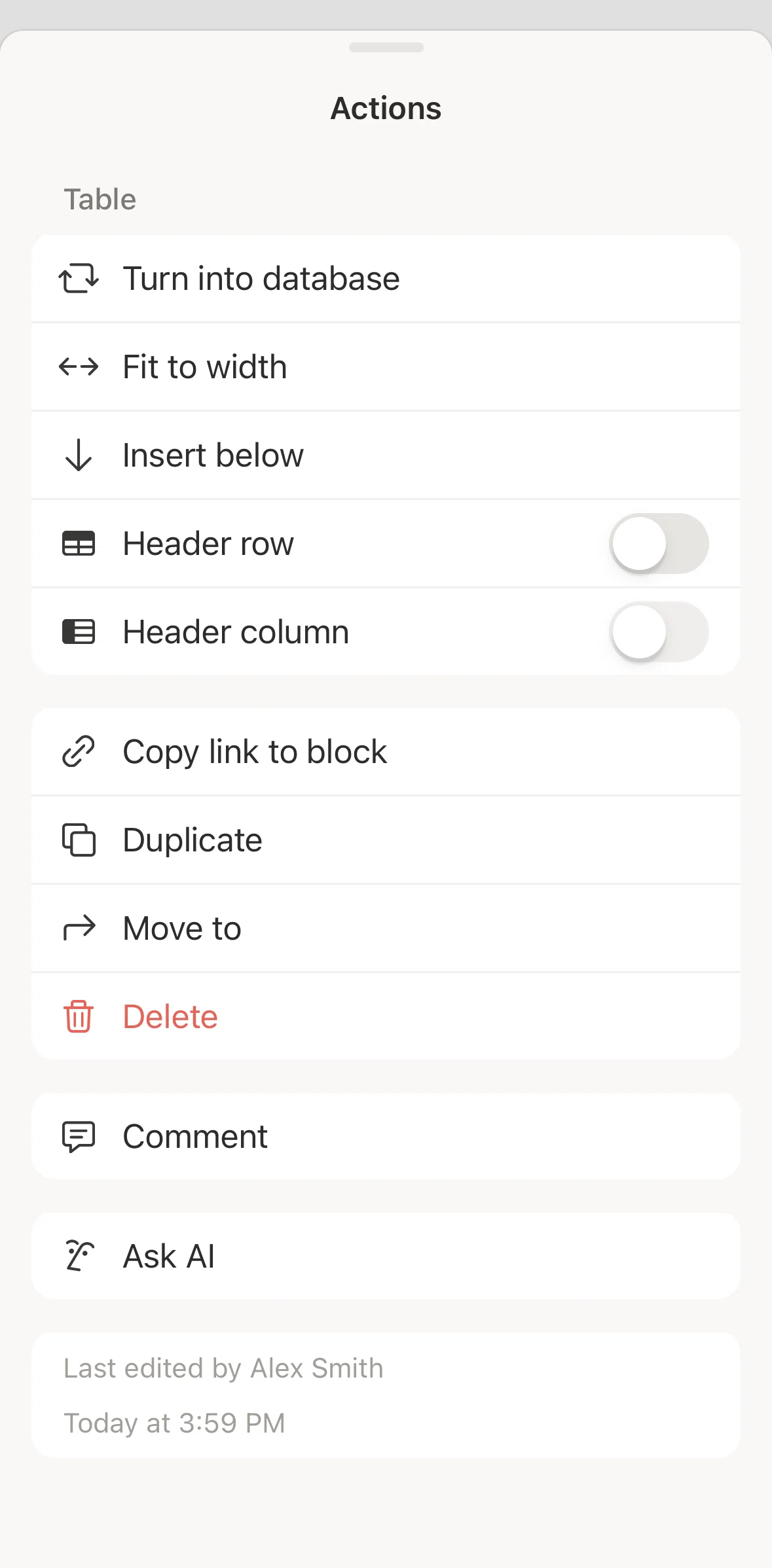 Notion Screen screen in the Turning on header row flow