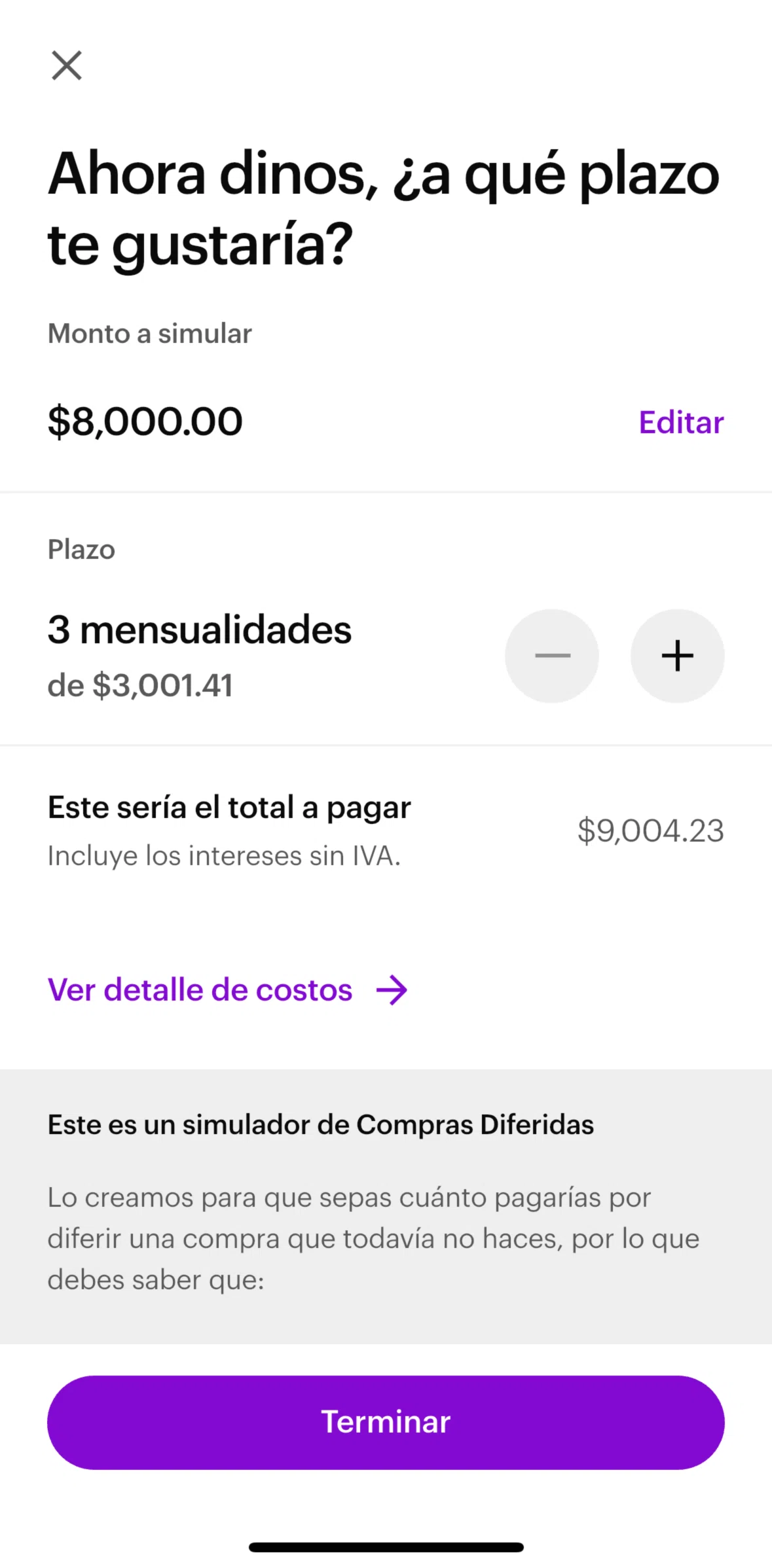 Nu Screen screen in the Cost details flow