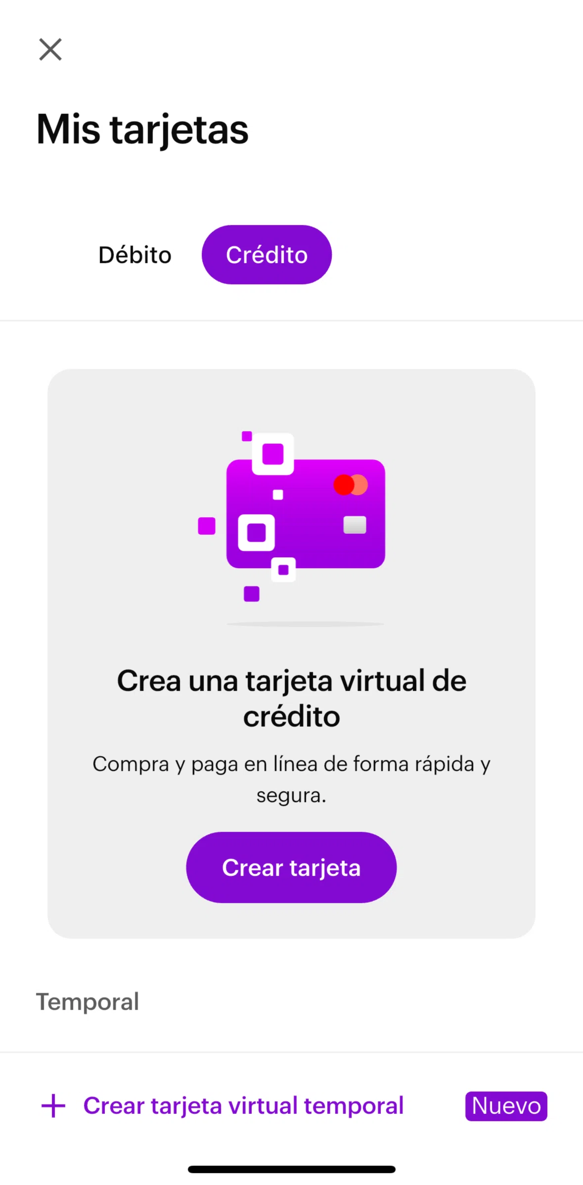 Nu Screen screen in the Creating a virtual credit card flow