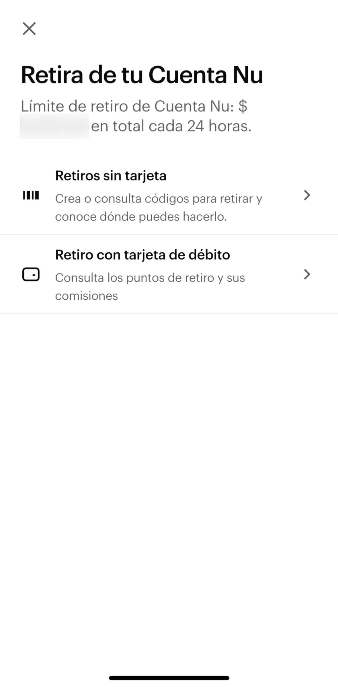 Nu Screen screen in the Debit card withdrawal flow