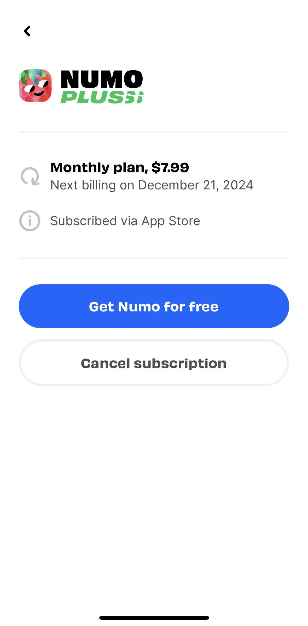 Numo Screen screen in the Cancel subscription flow
