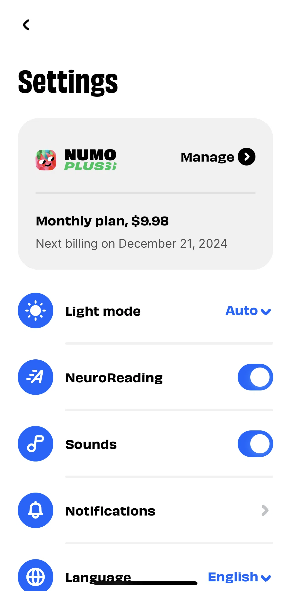 Numo Screen screen in the Manage subscription flow