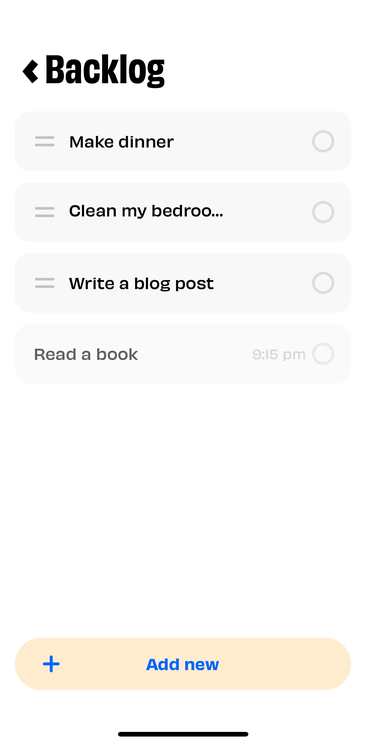 Numo Screen screen in the Moving backlog tasks to today flow