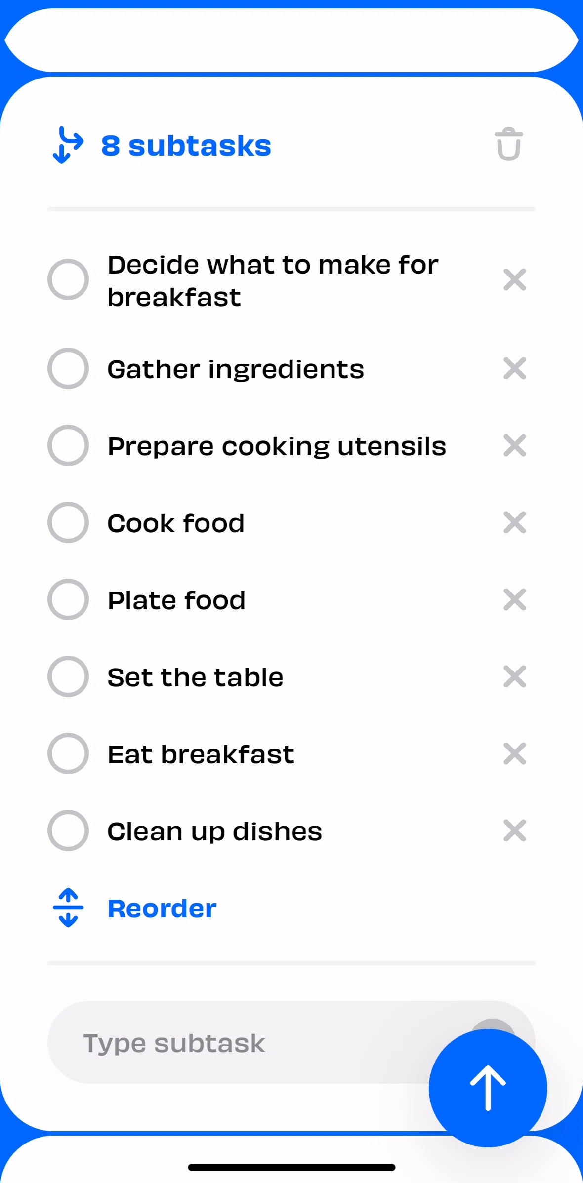Numo Screen screen in the Reordering subtasks flow