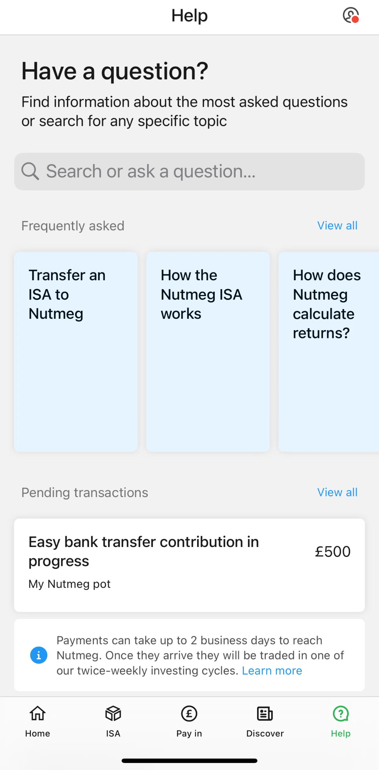 Nutmeg Screen screen in the Help categories flow