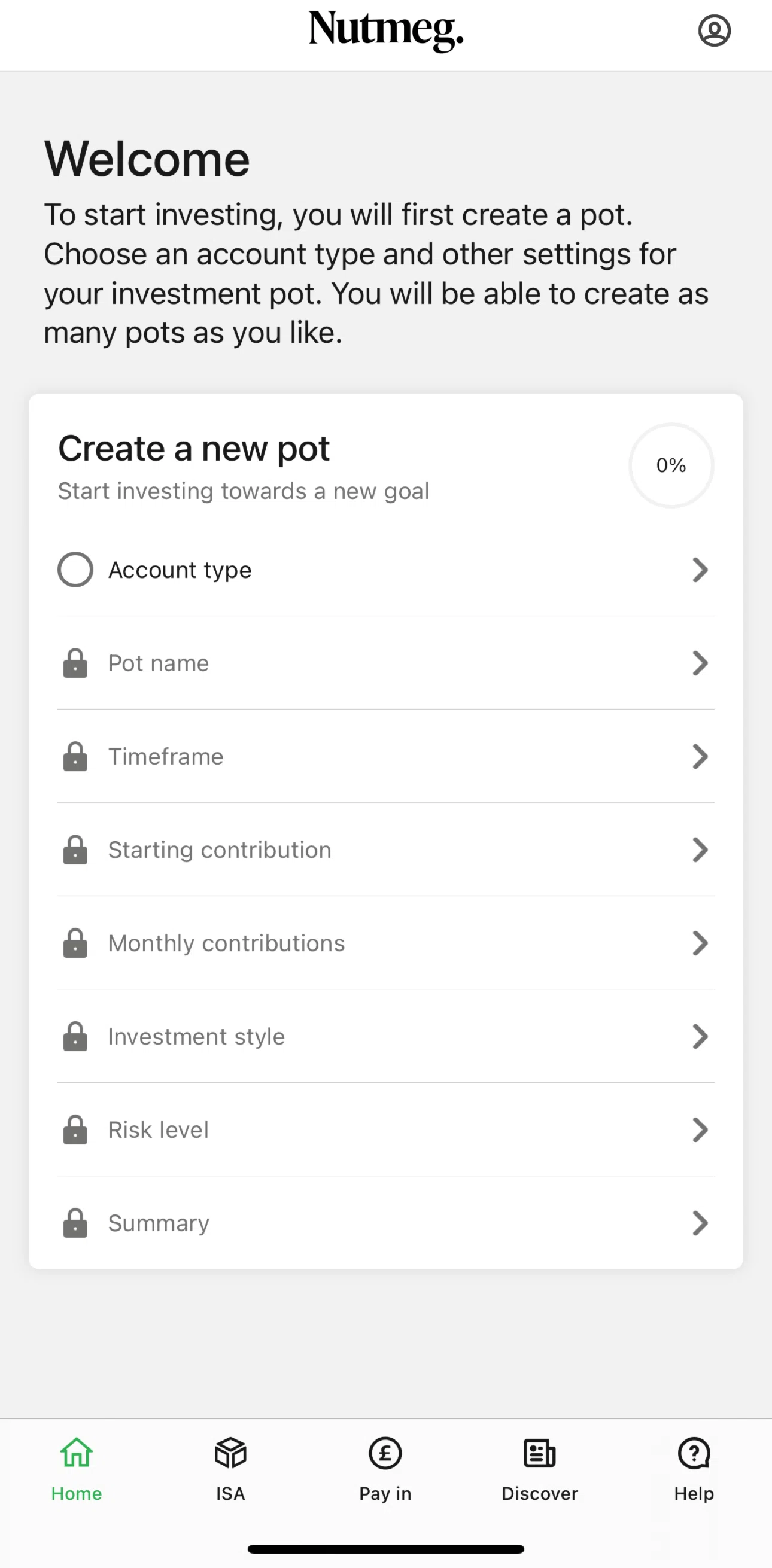 Nutmeg Screen screen in the Home flow