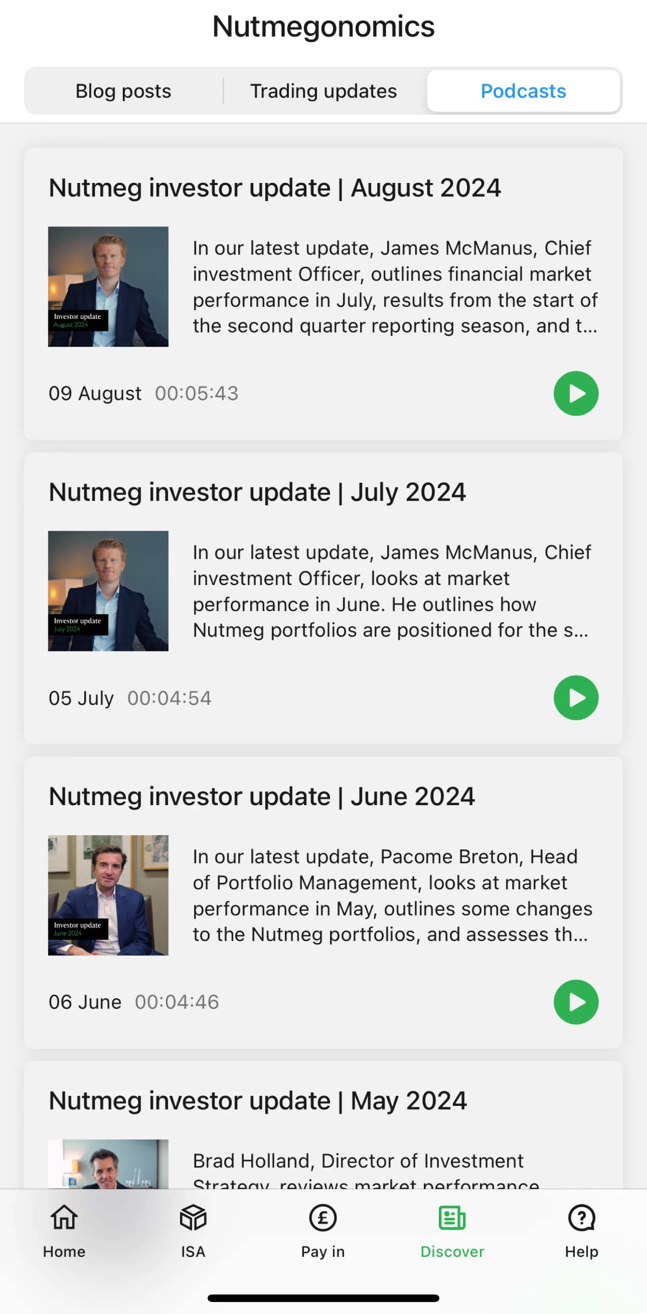 Nutmeg Screen screen in the Listening to an audio article flow