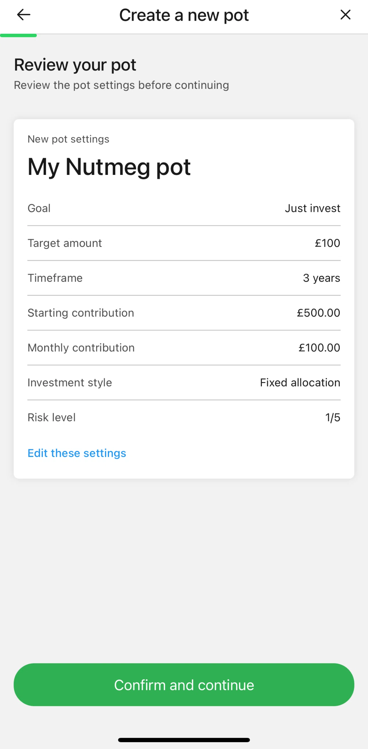 Nutmeg Screen screen in the Pot summary flow