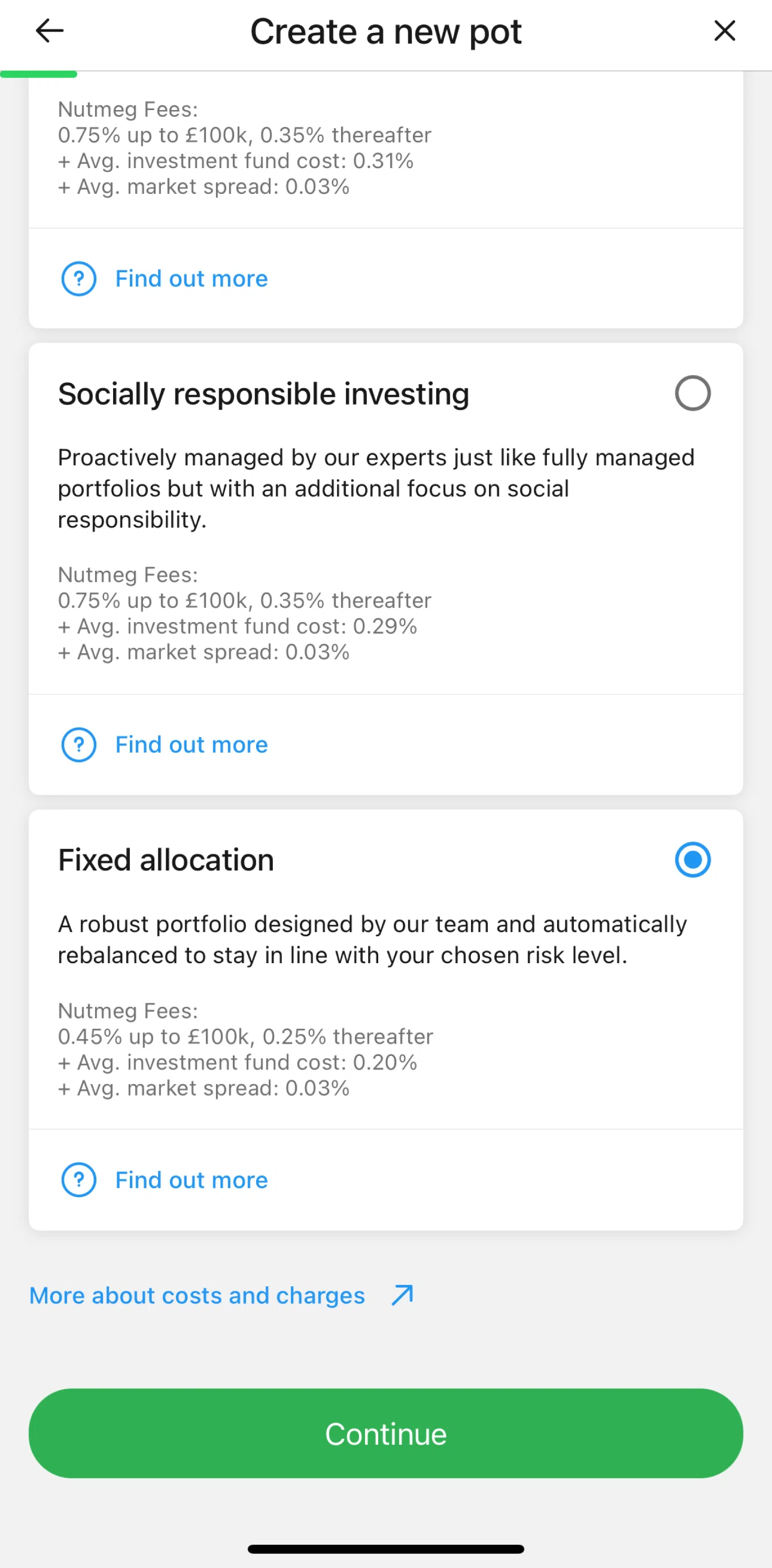 Nutmeg Screen screen in the Selecting risk level flow