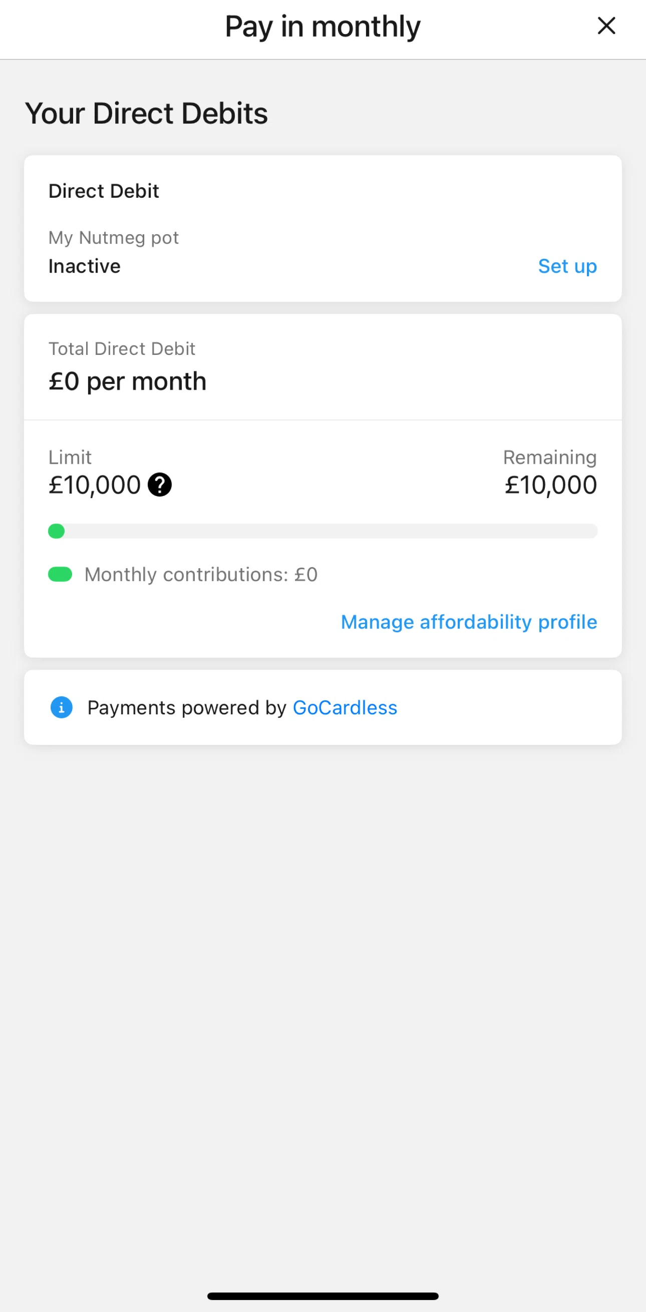 Nutmeg Screen screen in the Set up direct debit flow