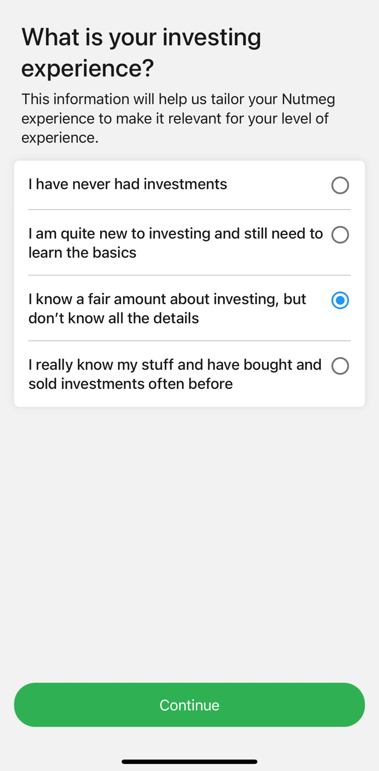 Nutmeg Screen screen in the Setting up account flow