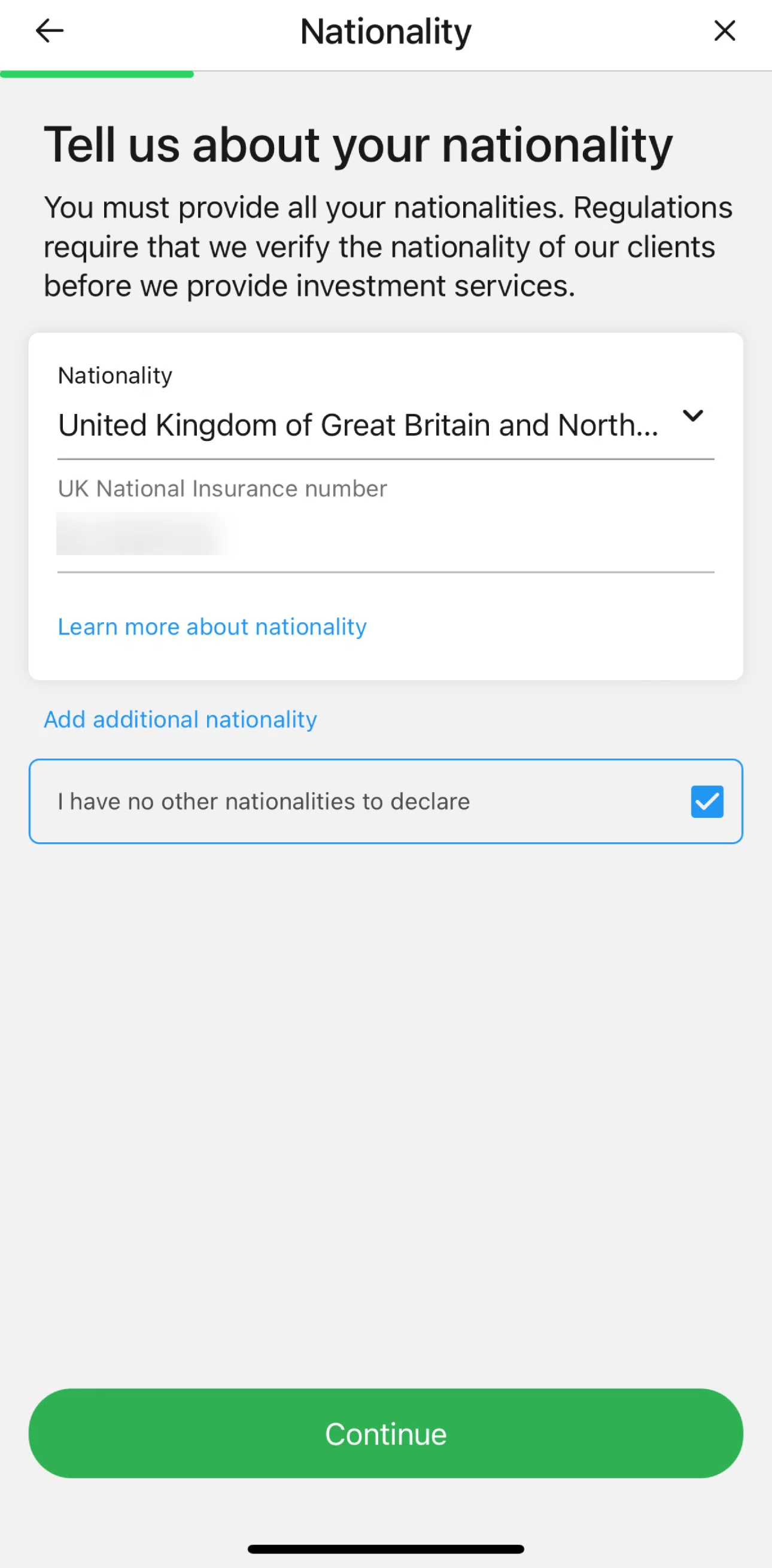 Nutmeg Screen screen in the Verifying identity flow