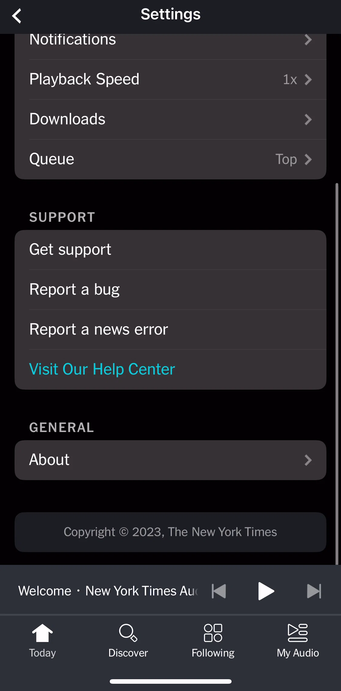NYT Audio Screen screen in the About flow