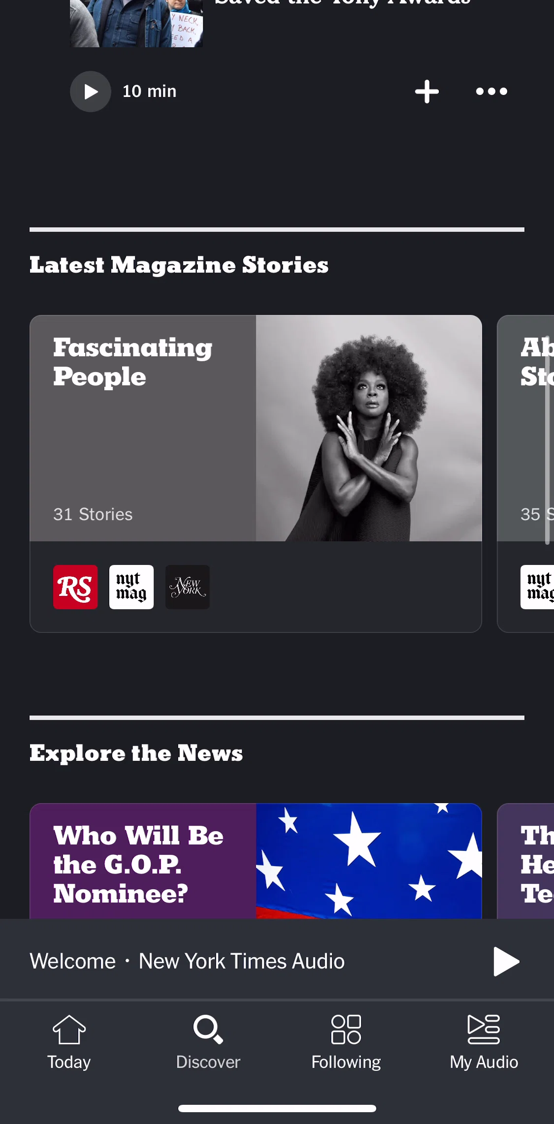 NYT Audio Screen screen in the Browse a collection flow