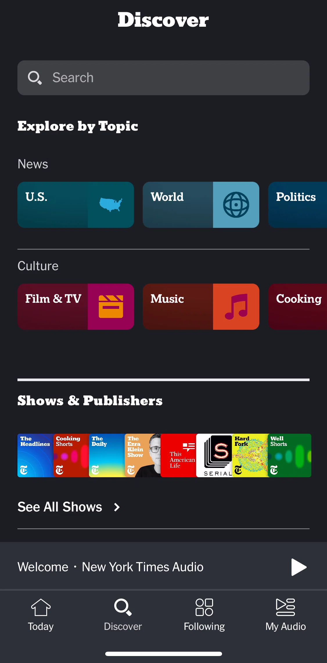 NYT Audio Screen screen in the Browse a topic flow