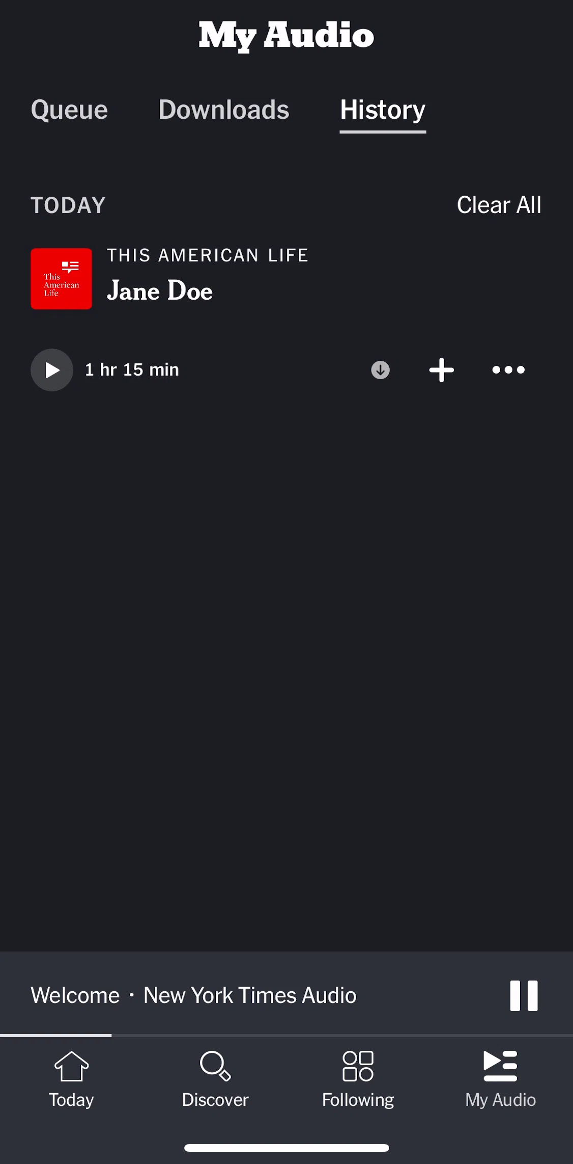 NYT Audio Screen screen in the Clearing all listening history flow