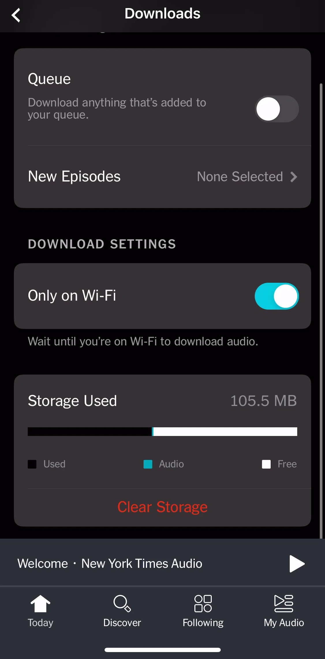 NYT Audio Screen screen in the Clearing storage flow