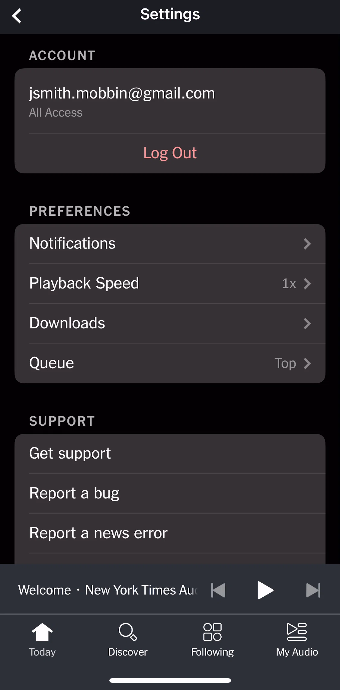 NYT Audio Screen screen in the Downloads flow