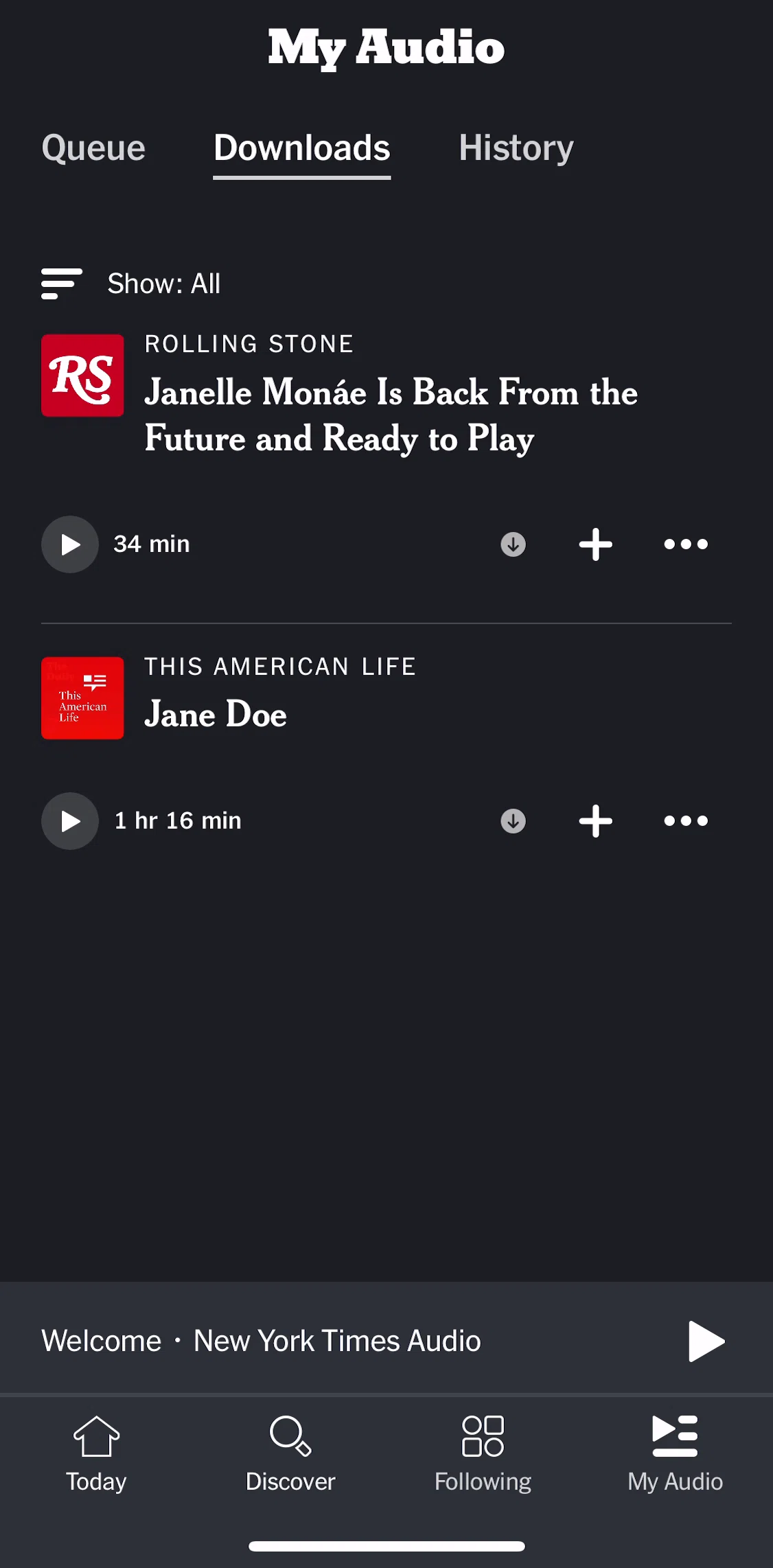 NYT Audio Screen screen in the Filtering downloaded stories flow