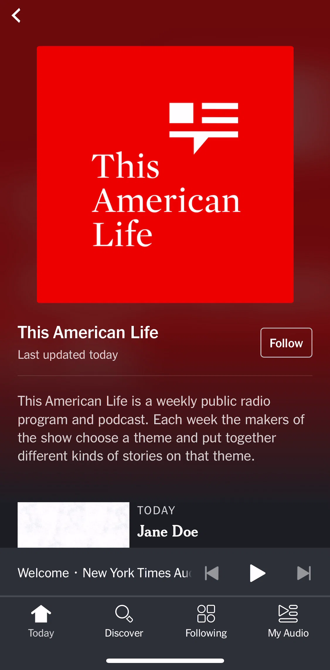 NYT Audio Screen screen in the Following a show flow