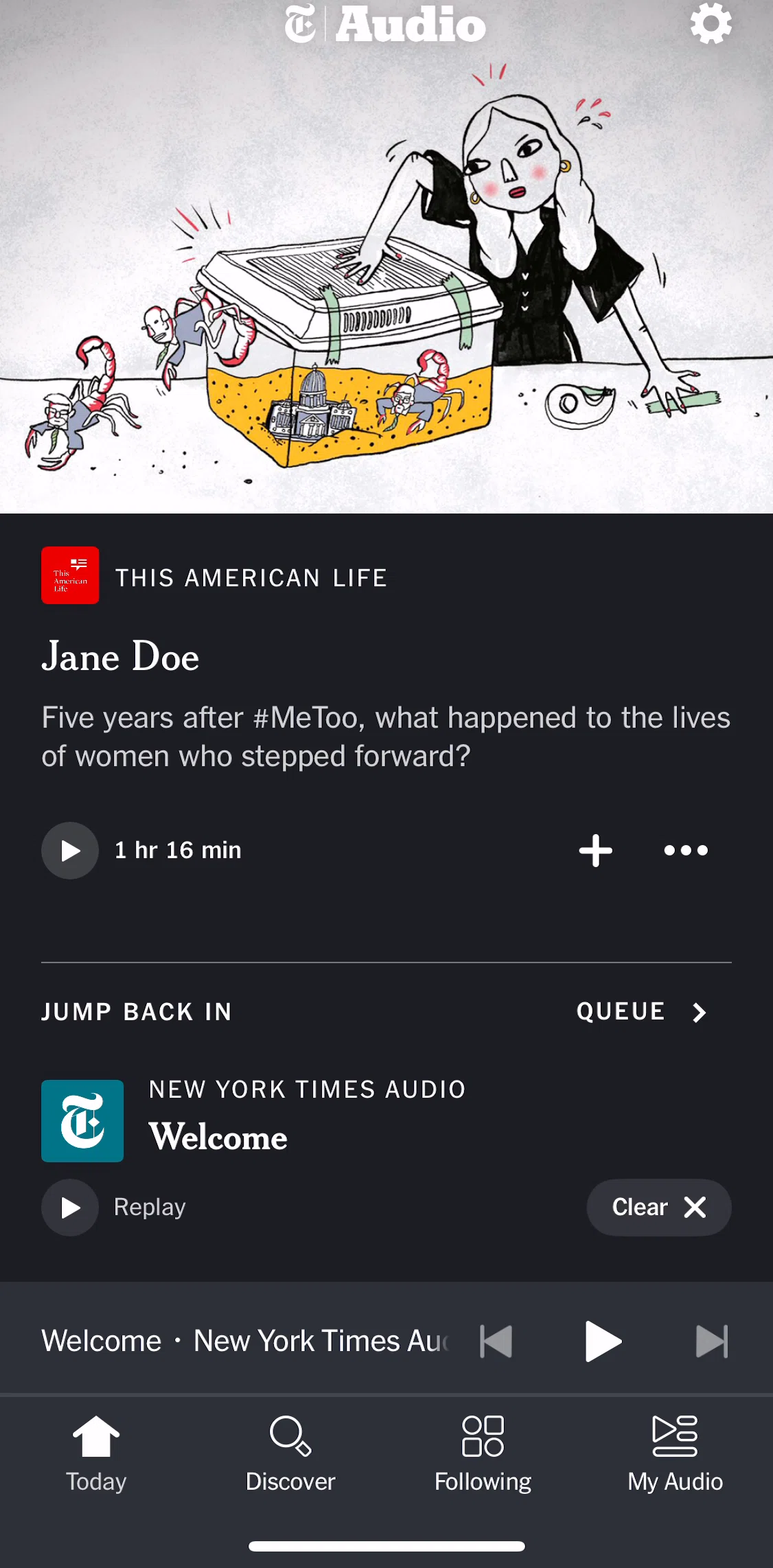NYT Audio Screen screen in the Following flow