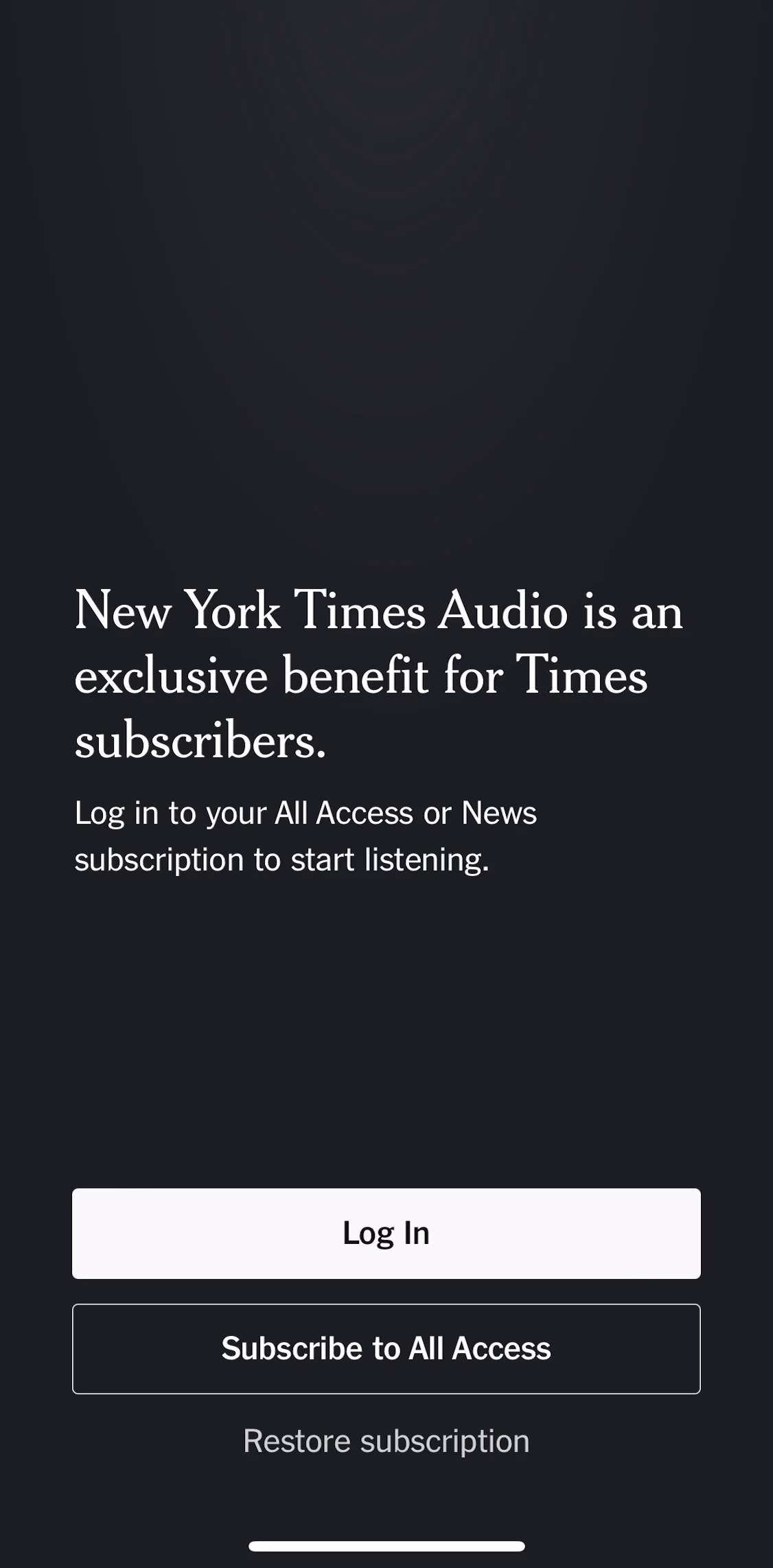 NYT Audio Screen screen in the Logging in flow