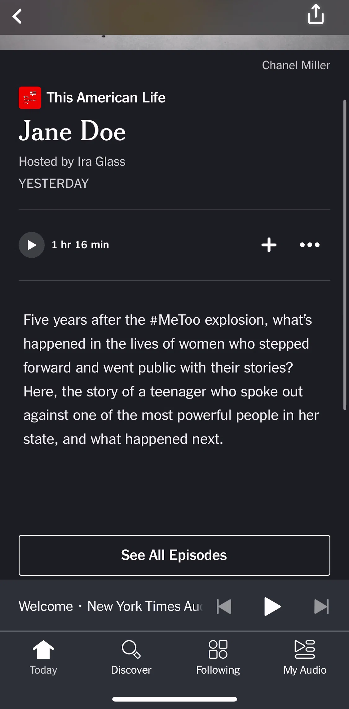 NYT Audio Screen screen in the Playing a story flow