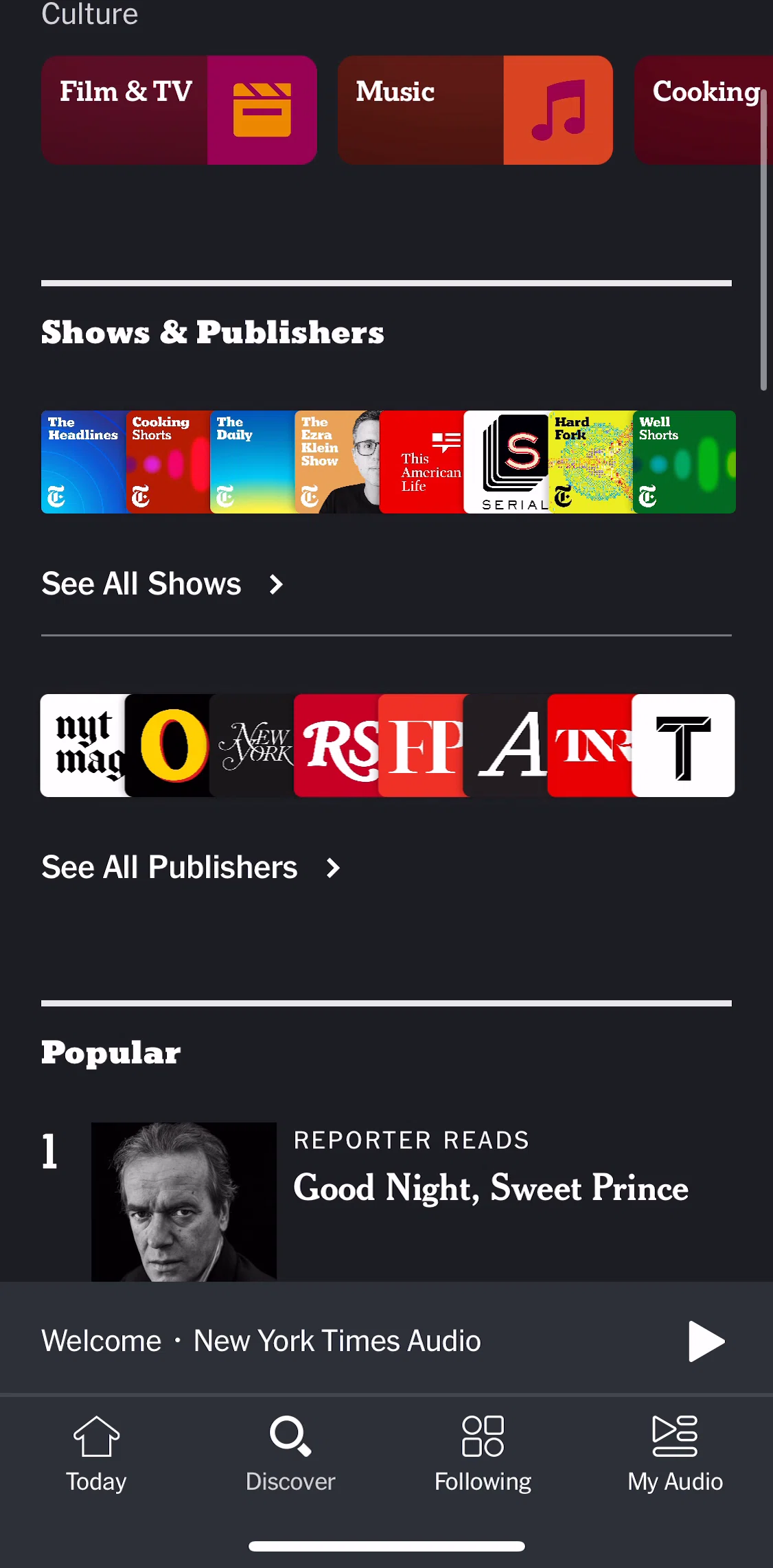 NYT Audio Screen screen in the See all shows flow