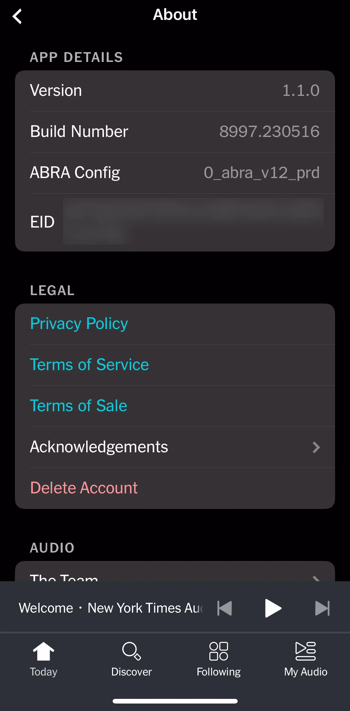 NYT Audio Screen screen in the Terms of service flow
