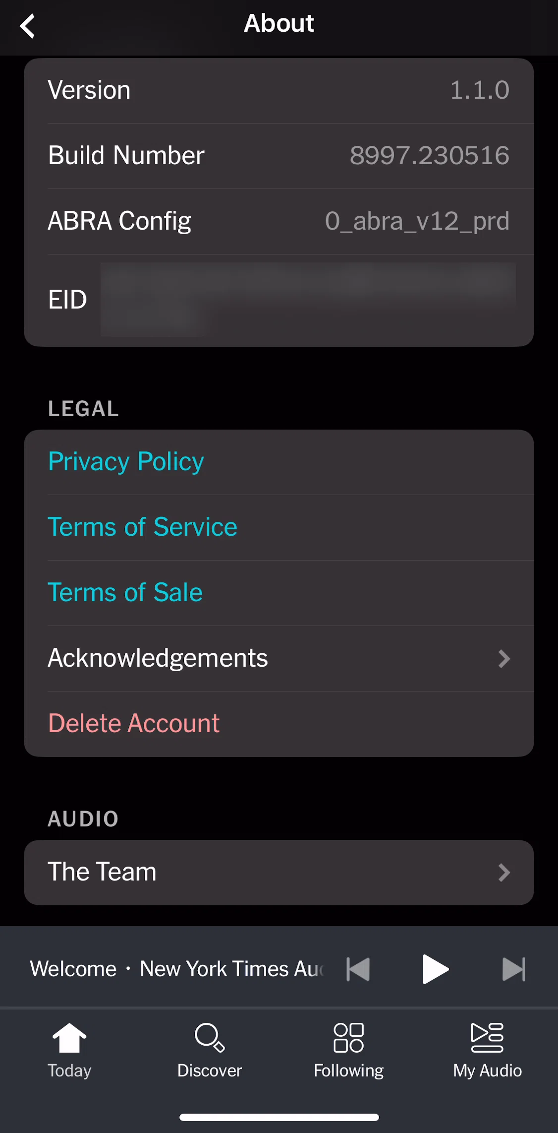 NYT Audio Screen screen in the The team flow