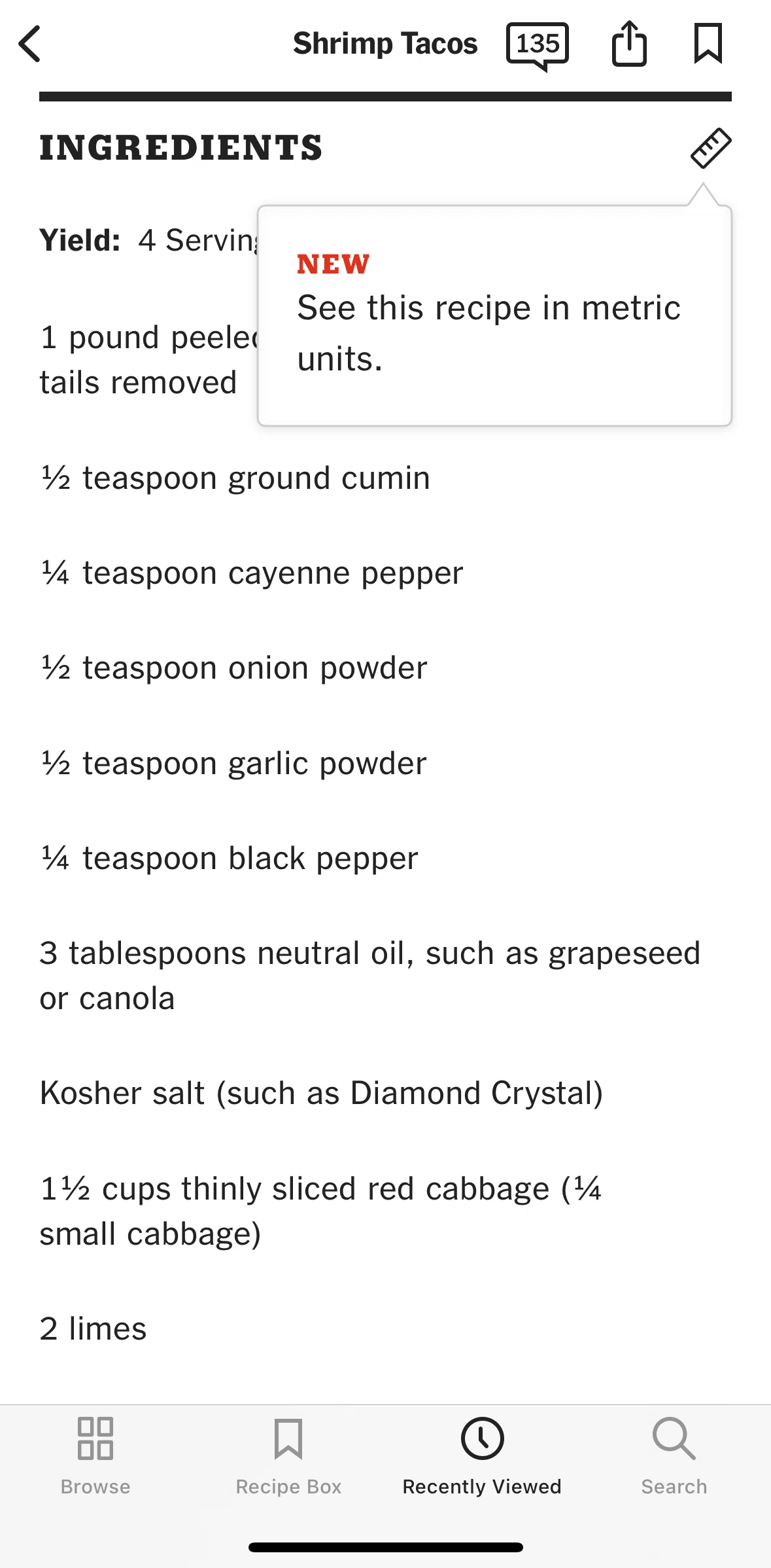 NYT Cooking Screen screen in the Changing measurement units flow