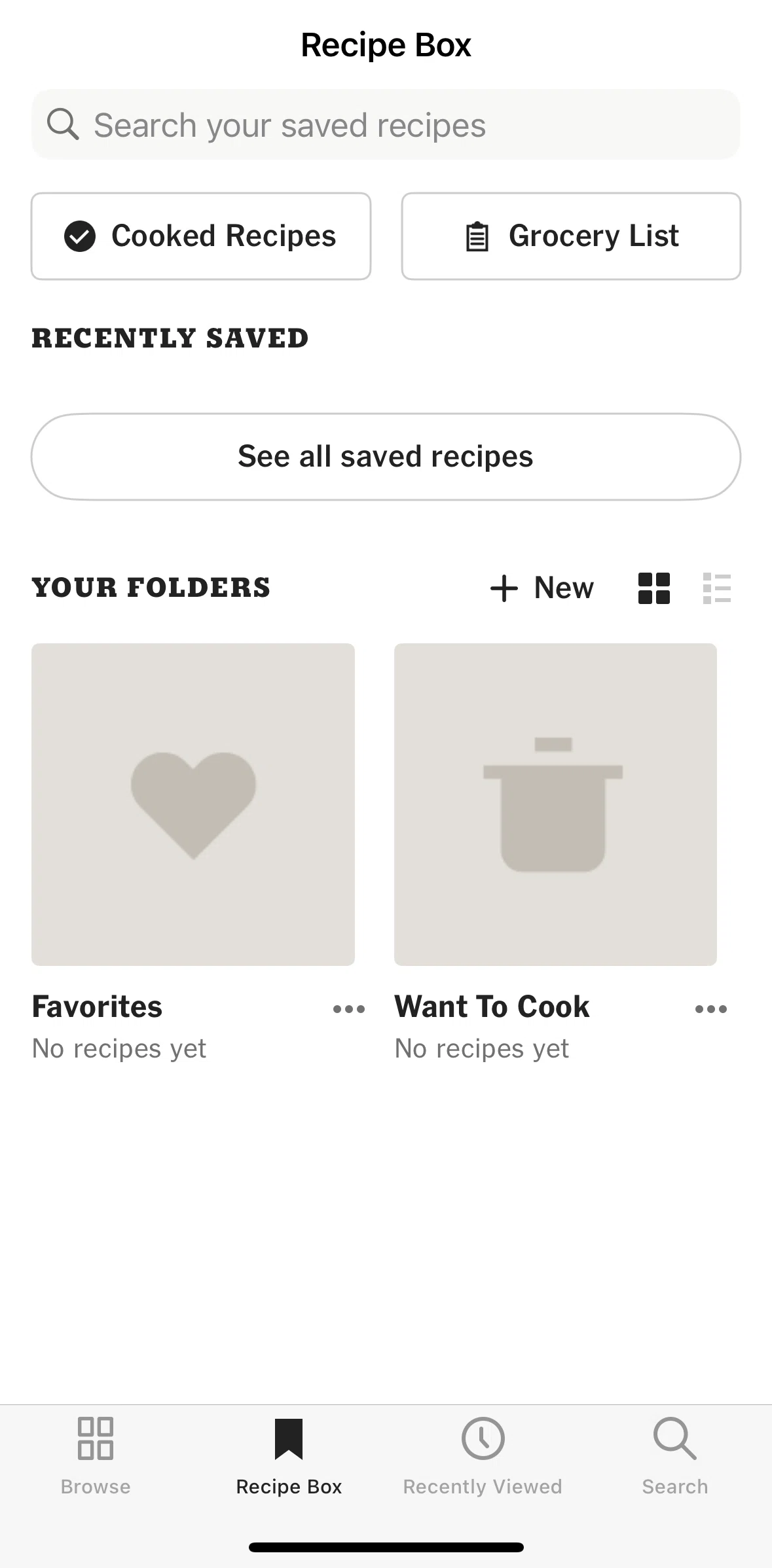 NYT Cooking Screen screen in the Creating a folder flow