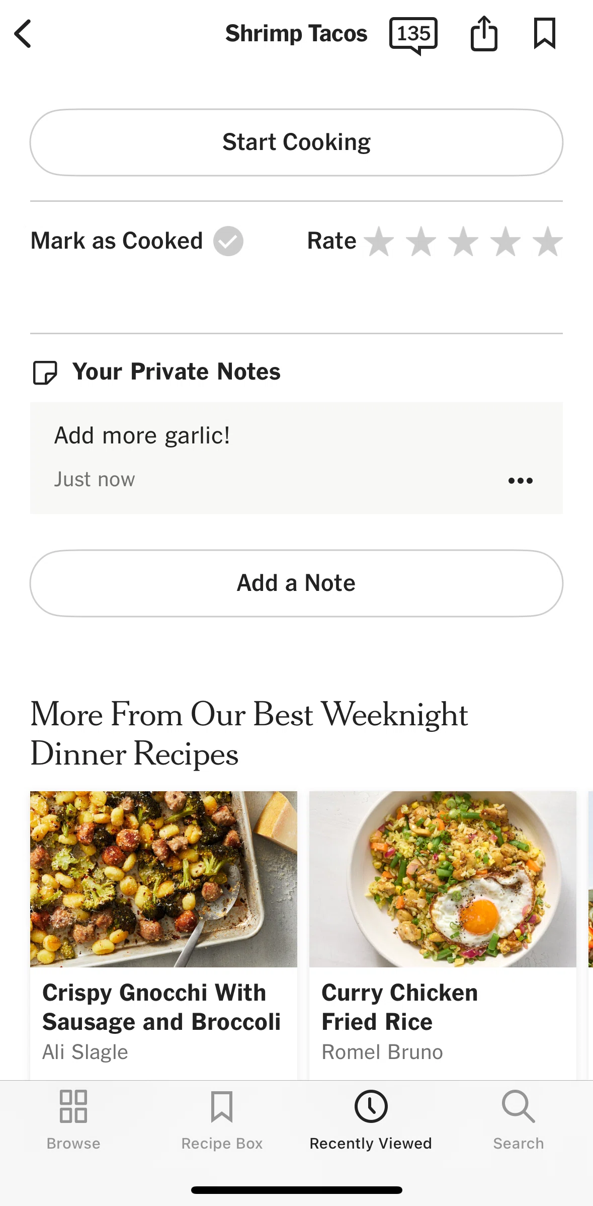 NYT Cooking Screen screen in the Deleting a note flow