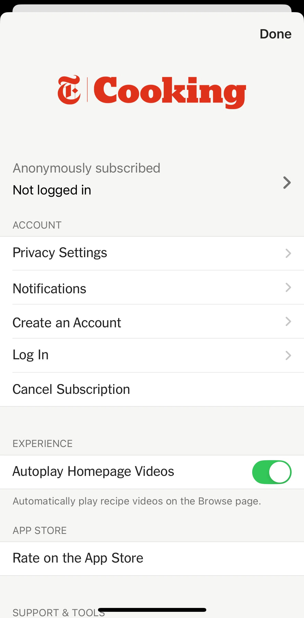 NYT Cooking Screen screen in the Logging in flow