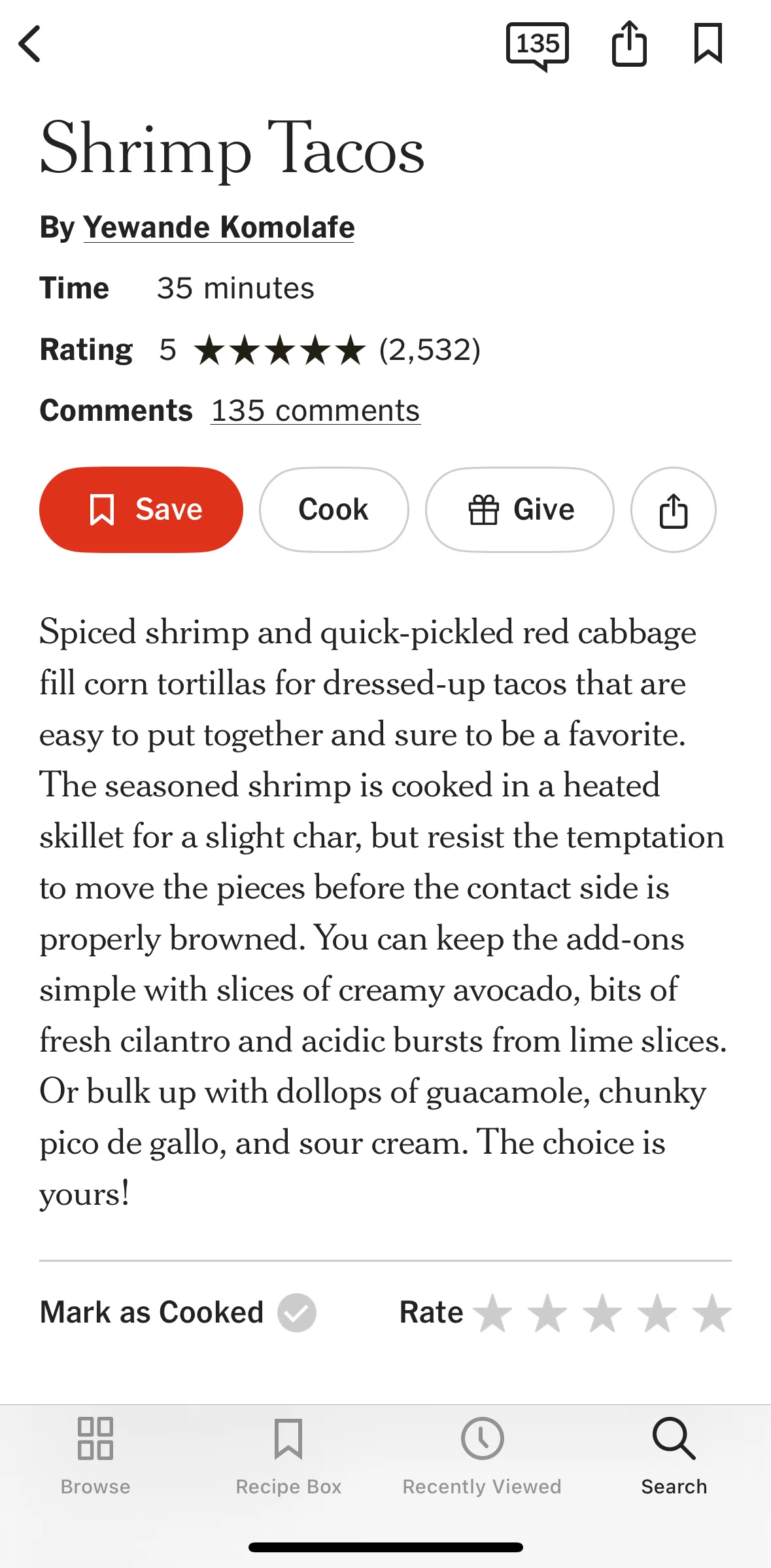NYT Cooking Screen screen in the Marking a recipe as cooked flow