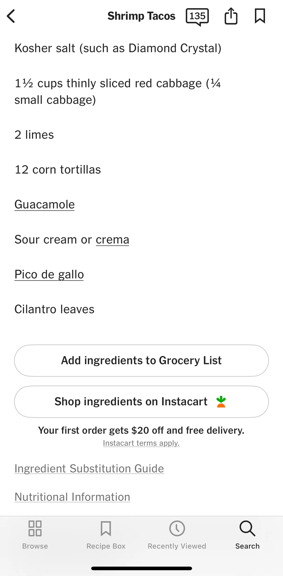 NYT Cooking Screen screen in the Nutritional information flow