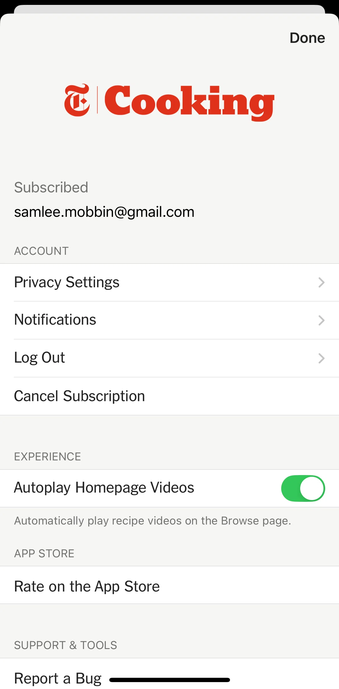 NYT Cooking Screen screen in the Privacy settings flow