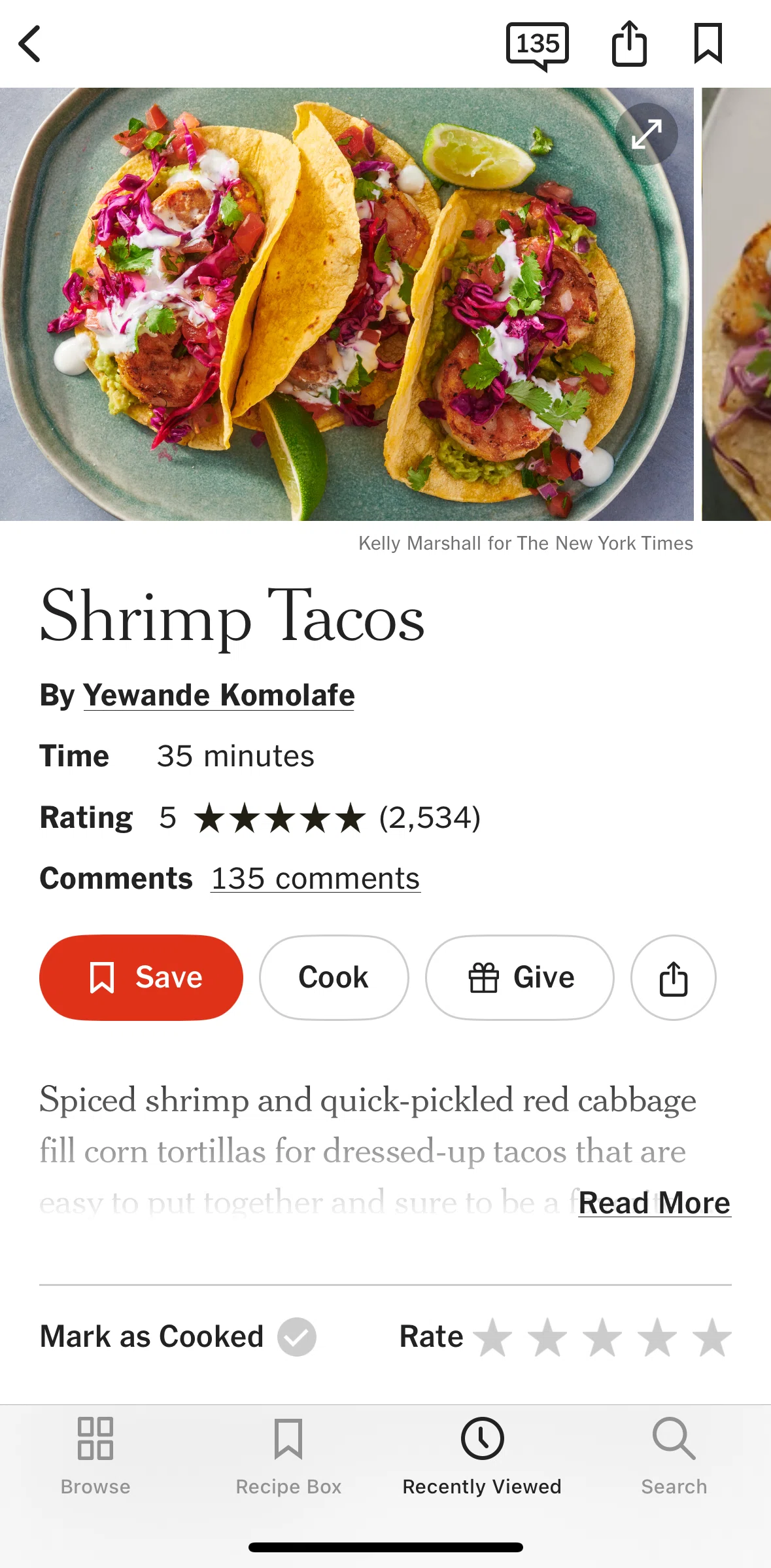 NYT Cooking Screen screen in the Saving a recipe flow