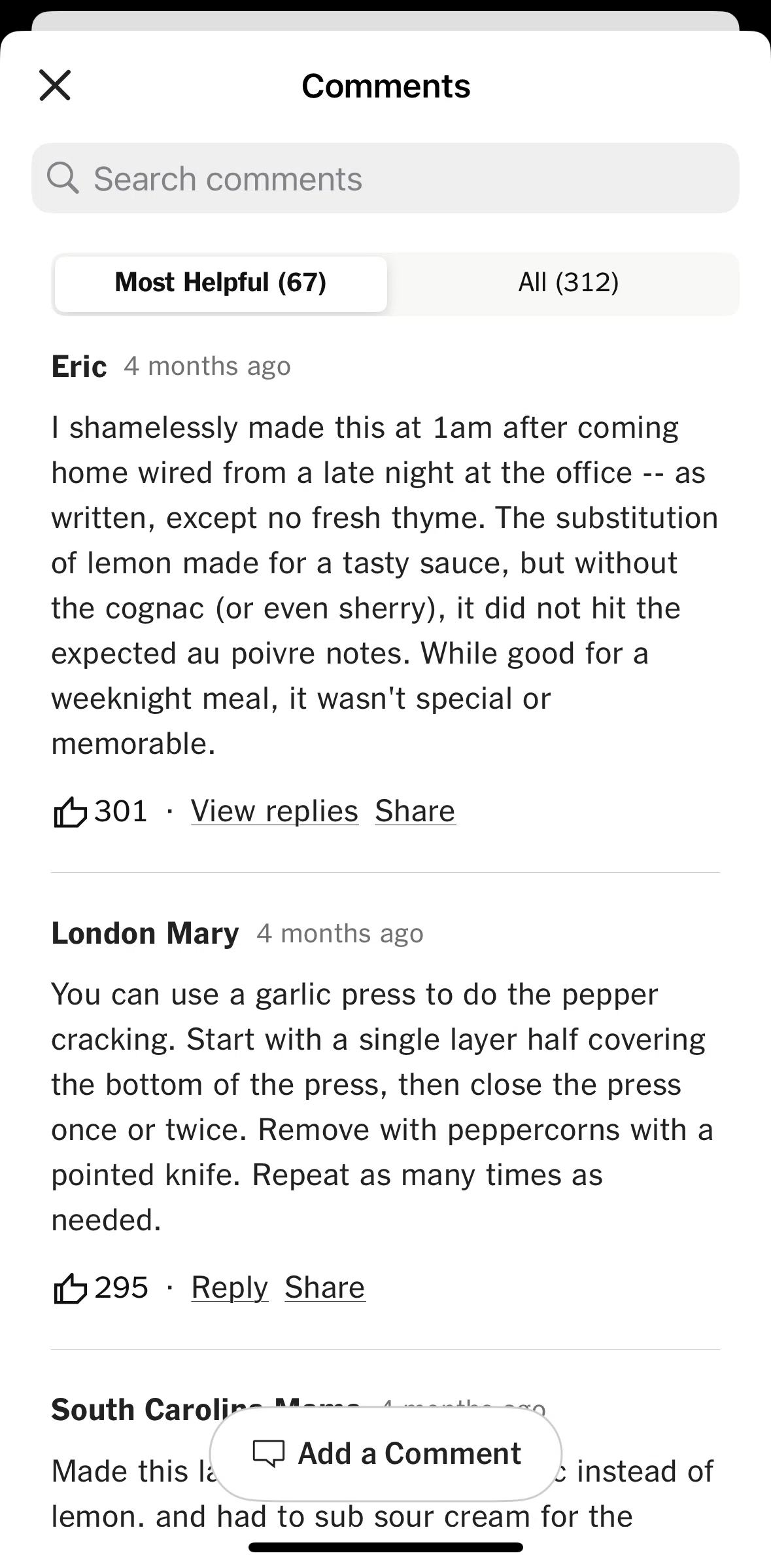 NYT Cooking Screen screen in the Searching comments flow