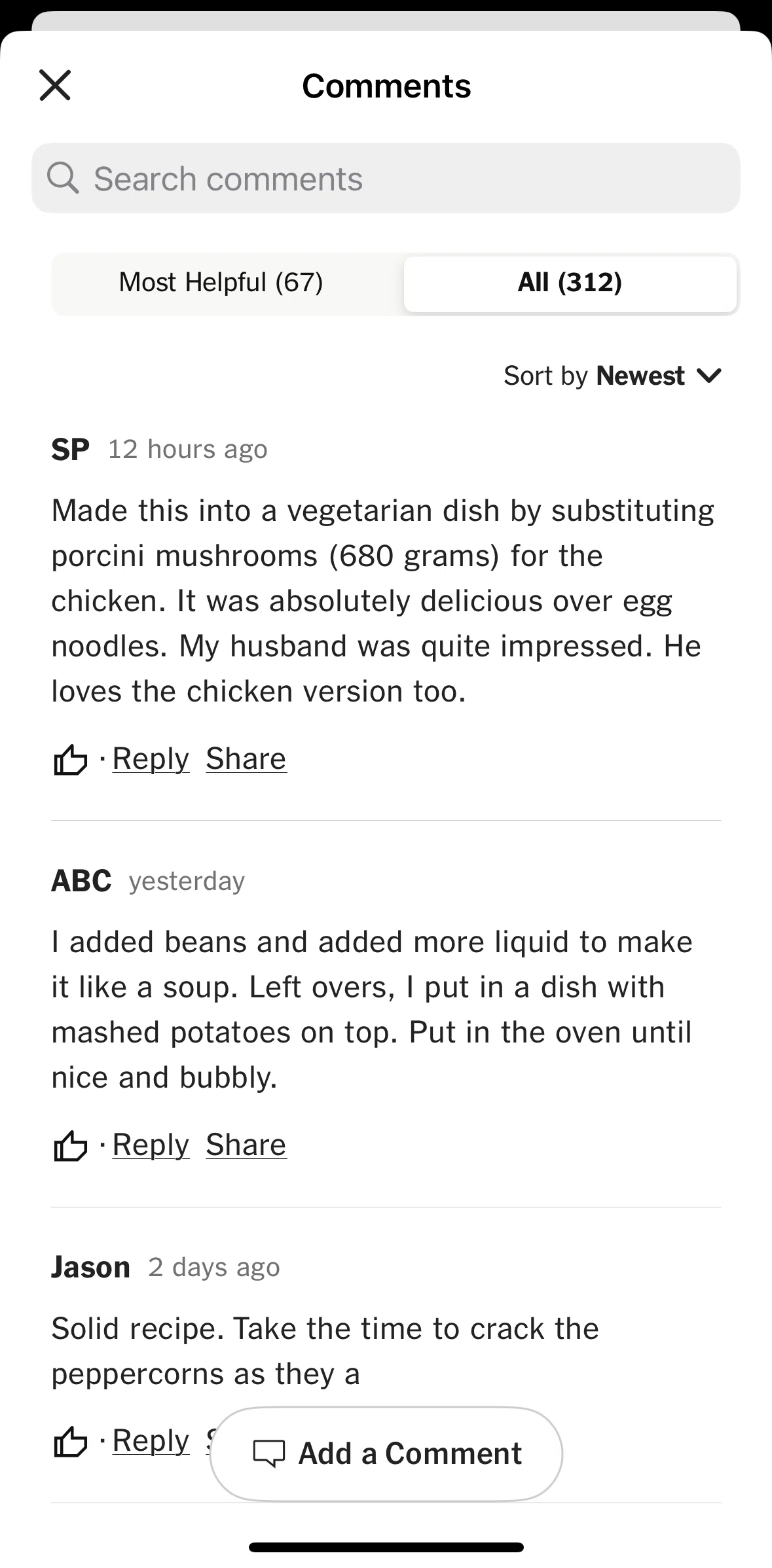 NYT Cooking Screen screen in the Sorting comments flow